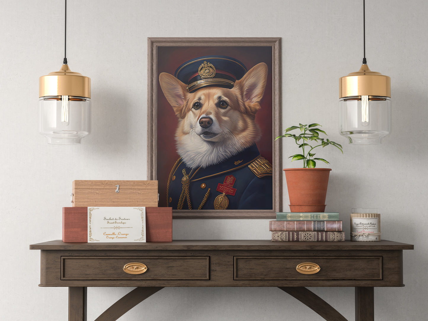 Poster corgi héros, cadre bois foncé, au-dessus d'une console entre deux suspensions dorées