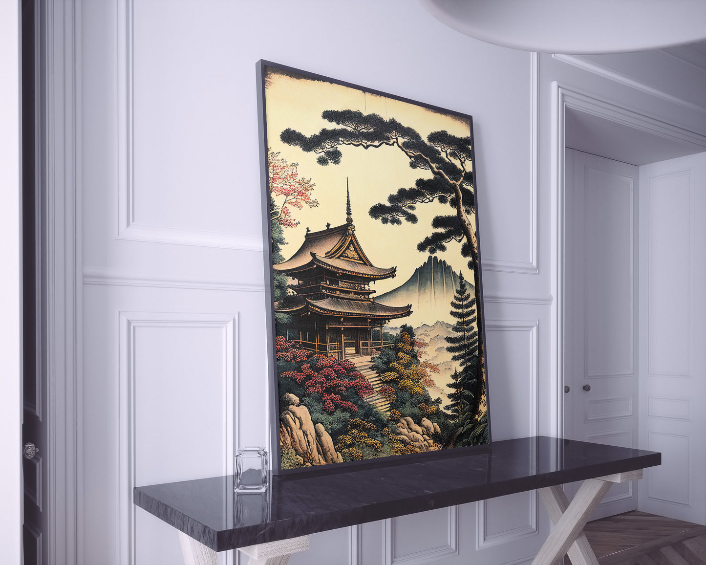 Japanese Temple Wall Poster – Artistic Japanese Style Illustration, Rural Landscape Wall Decor, Frameable Poster