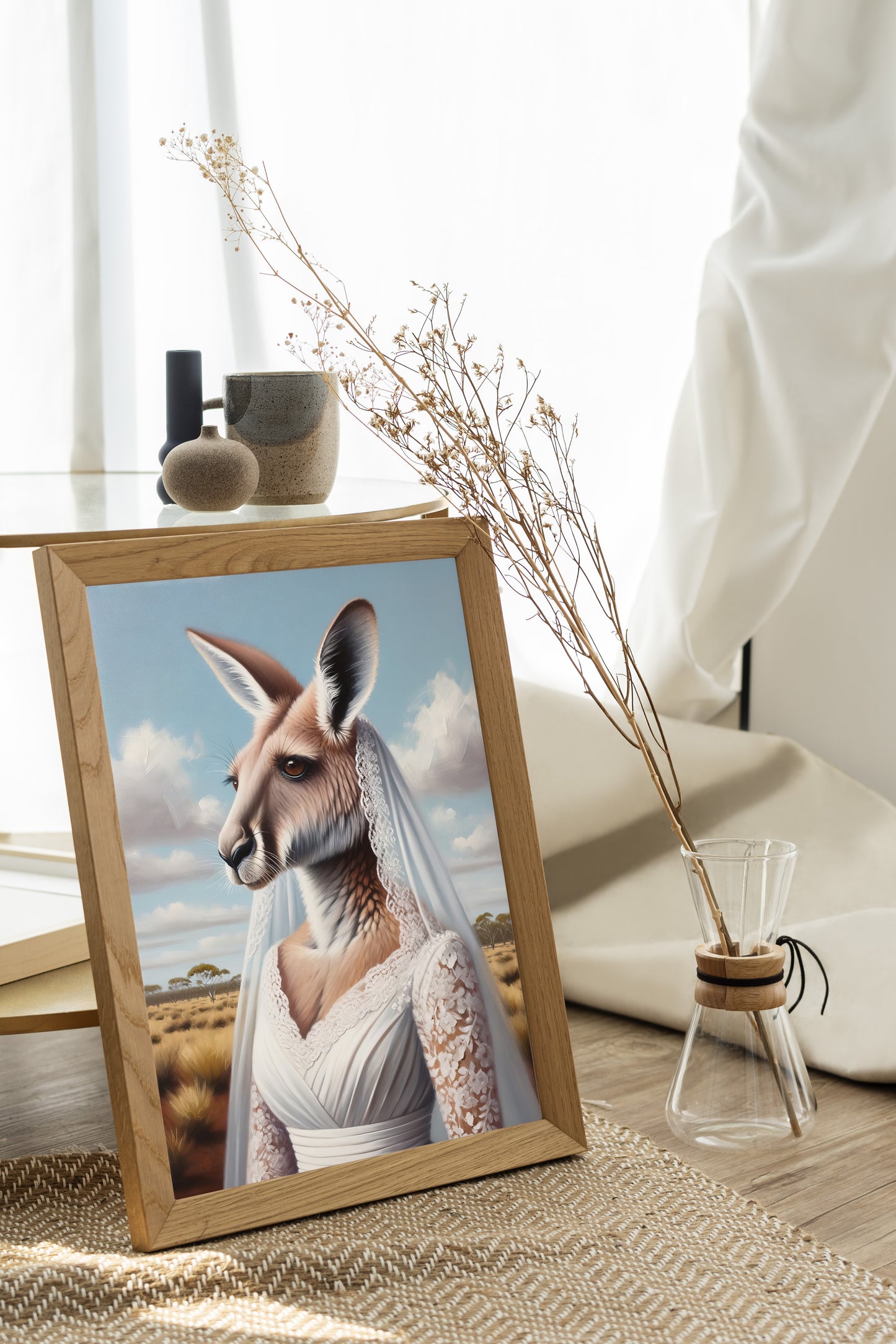 Affiche kangourou mariée, cadre bois clair posé au sol près d'une fenêtre, fleurs séchées
