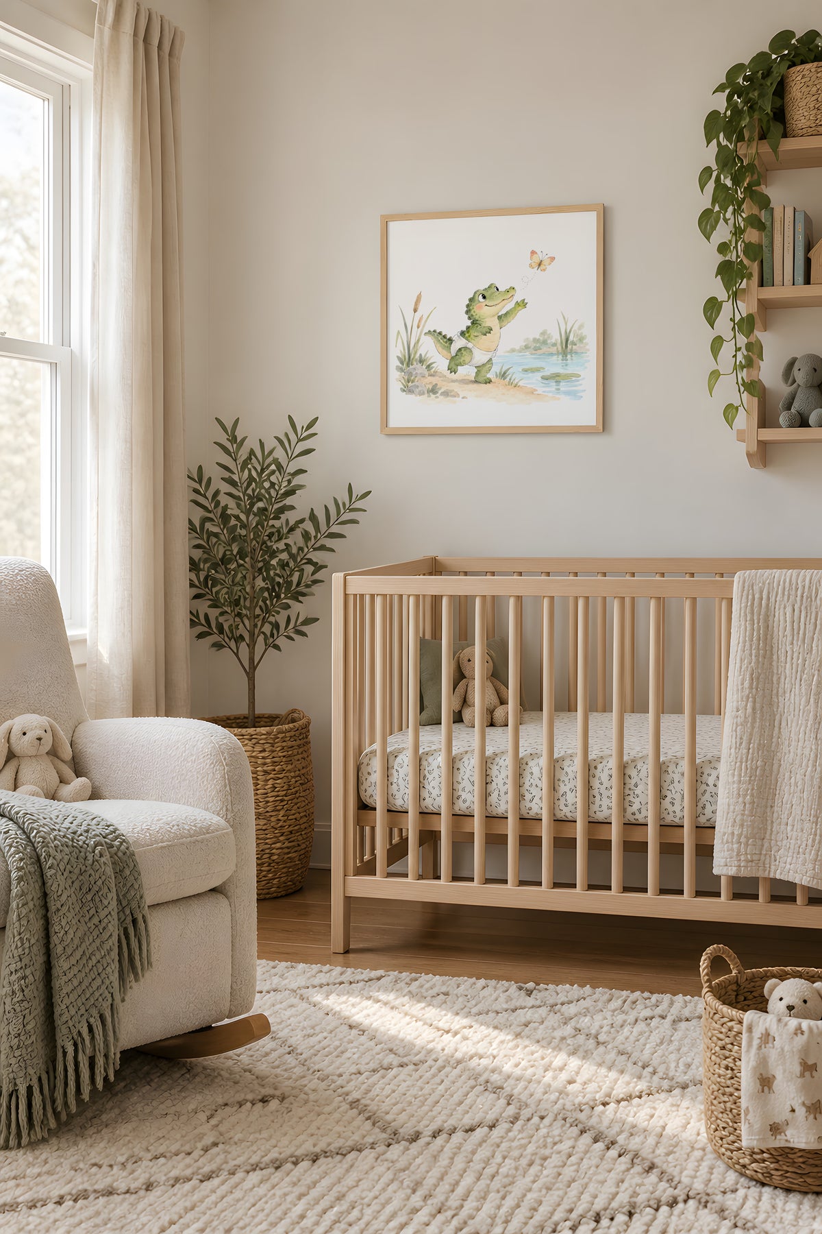 Bébé crocodile en couche blanche tend la patte vers un papillon : cadre bois clair, 50 × 50 cm, en situation