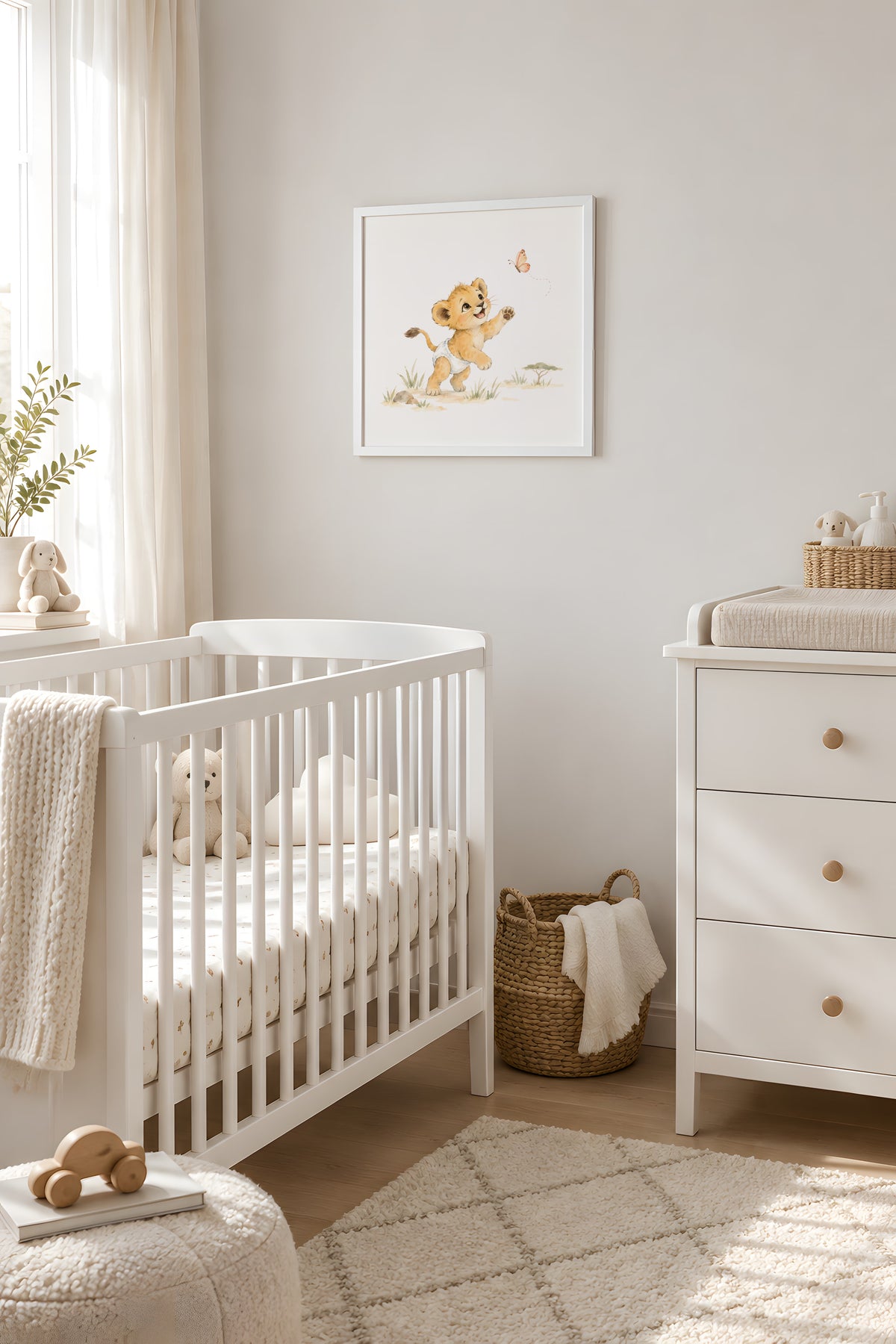 Lionceau en couche blanche tend les pattes vers un papillon : cadre blanc, 40 × 40 cm, en situation
