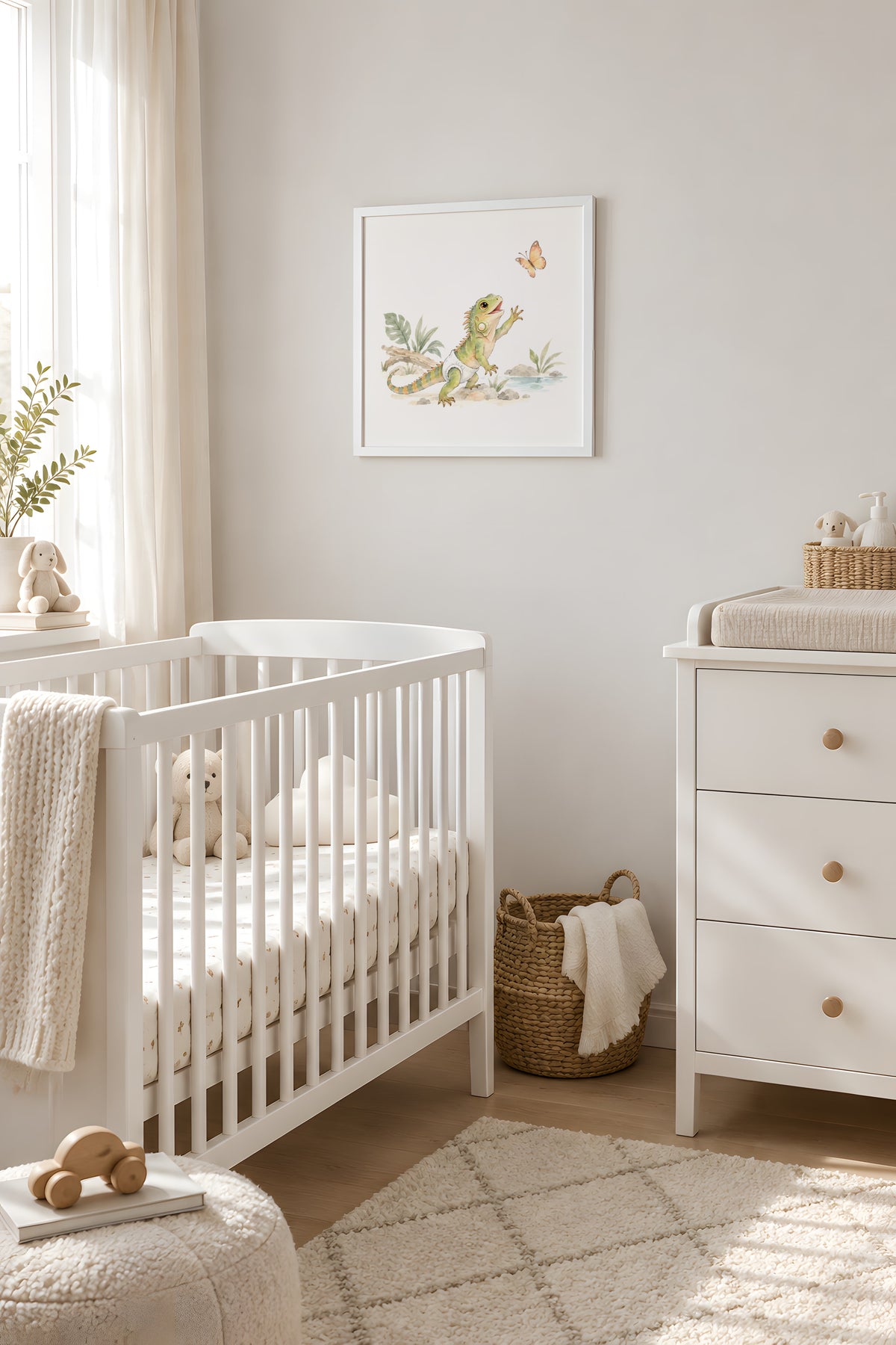 Baby Iguana in a White Diaper Reaches for a Butterfly Among the Leaves: white frame, 40 × 40 cm, styled in a room