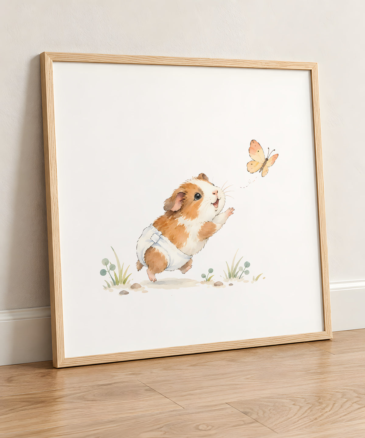 Baby Guinea Pig Reaches for a Butterfly in a White Diaper: natural wood frame, 50 × 50 cm, styled in a room