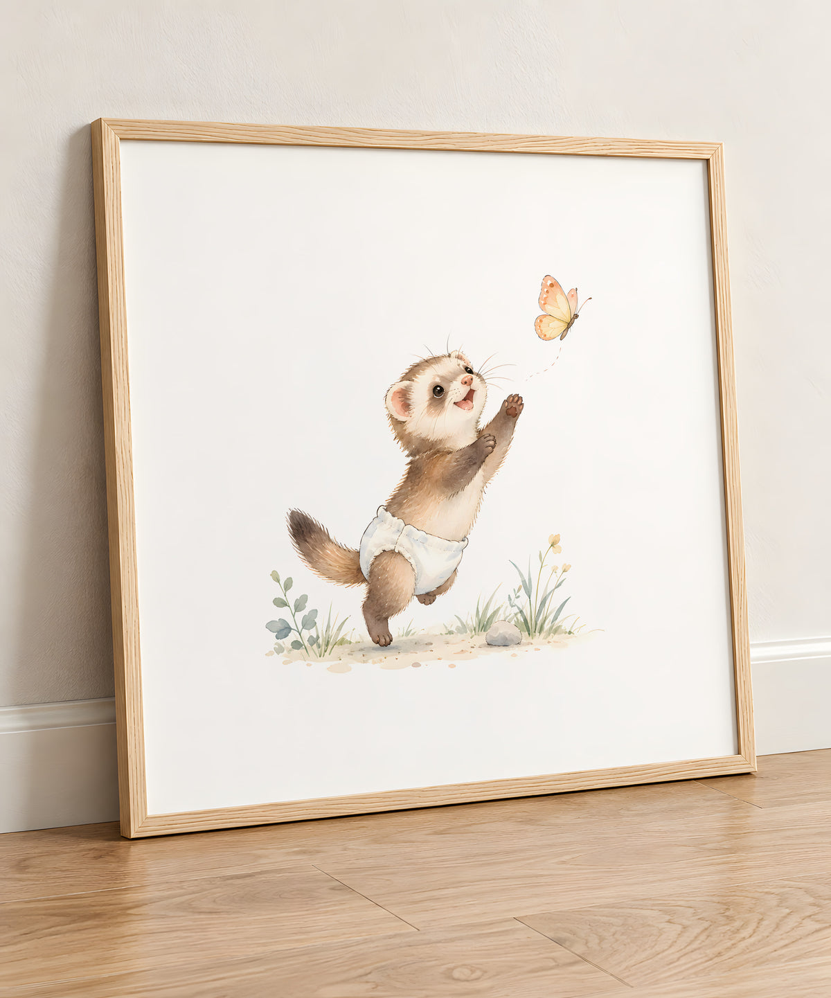 Baby Ferret in a White Diaper Tries to Catch a Butterfly: natural wood frame, 50 × 50 cm, styled in a room
