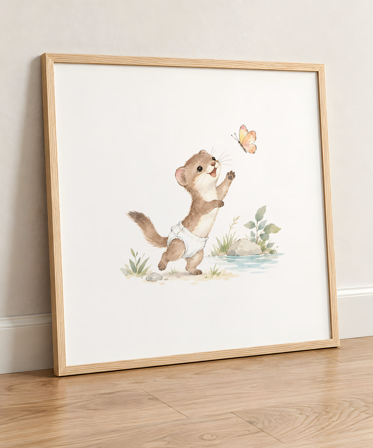 Baby Weasel in a White Diaper Reaching for a Butterfly: natural wood frame, 50 × 50 cm, styled in a room