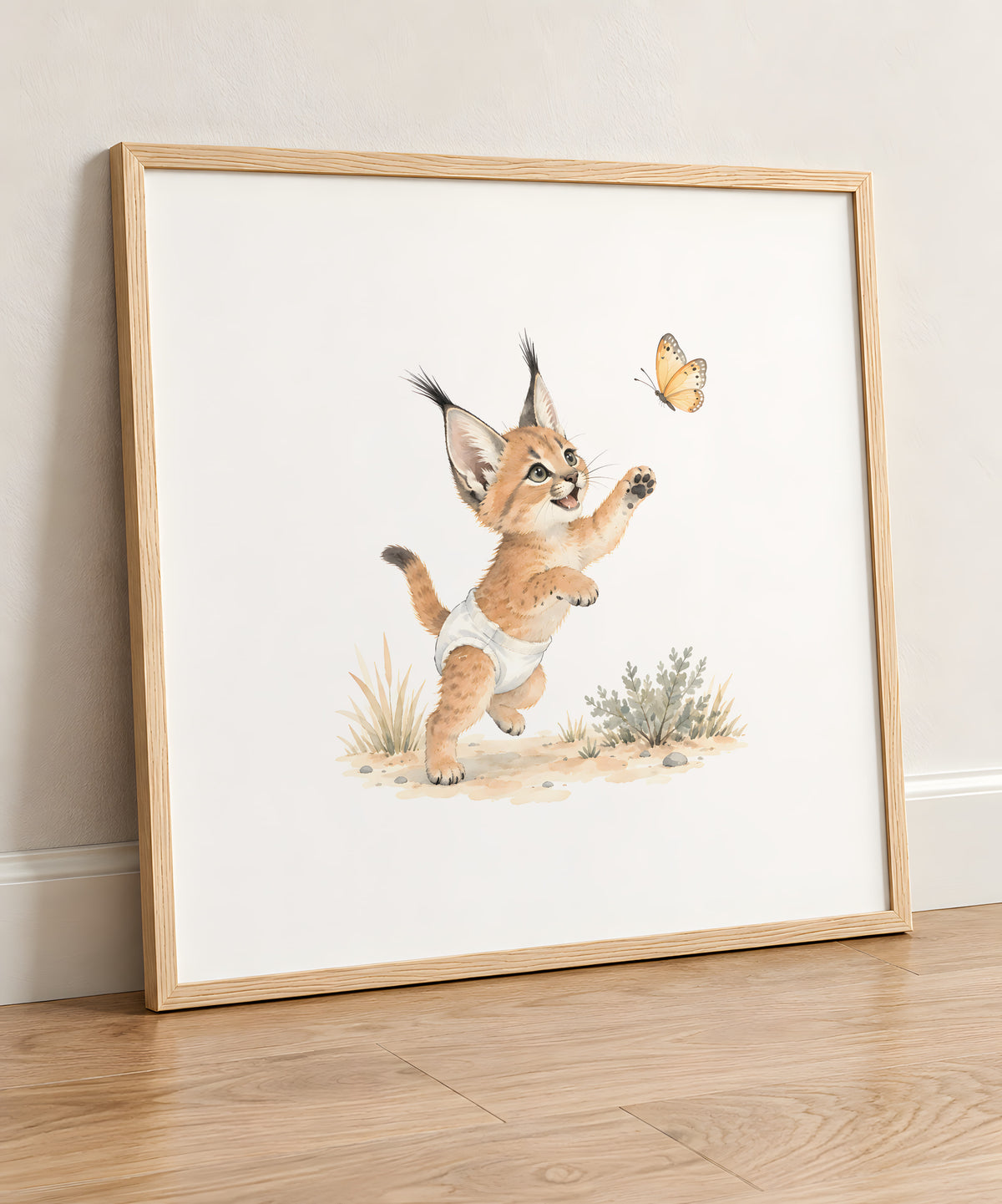 Baby Caracal in a White Diaper Tries to Catch a Butterfly: natural wood frame, 50 × 50 cm, styled in a room