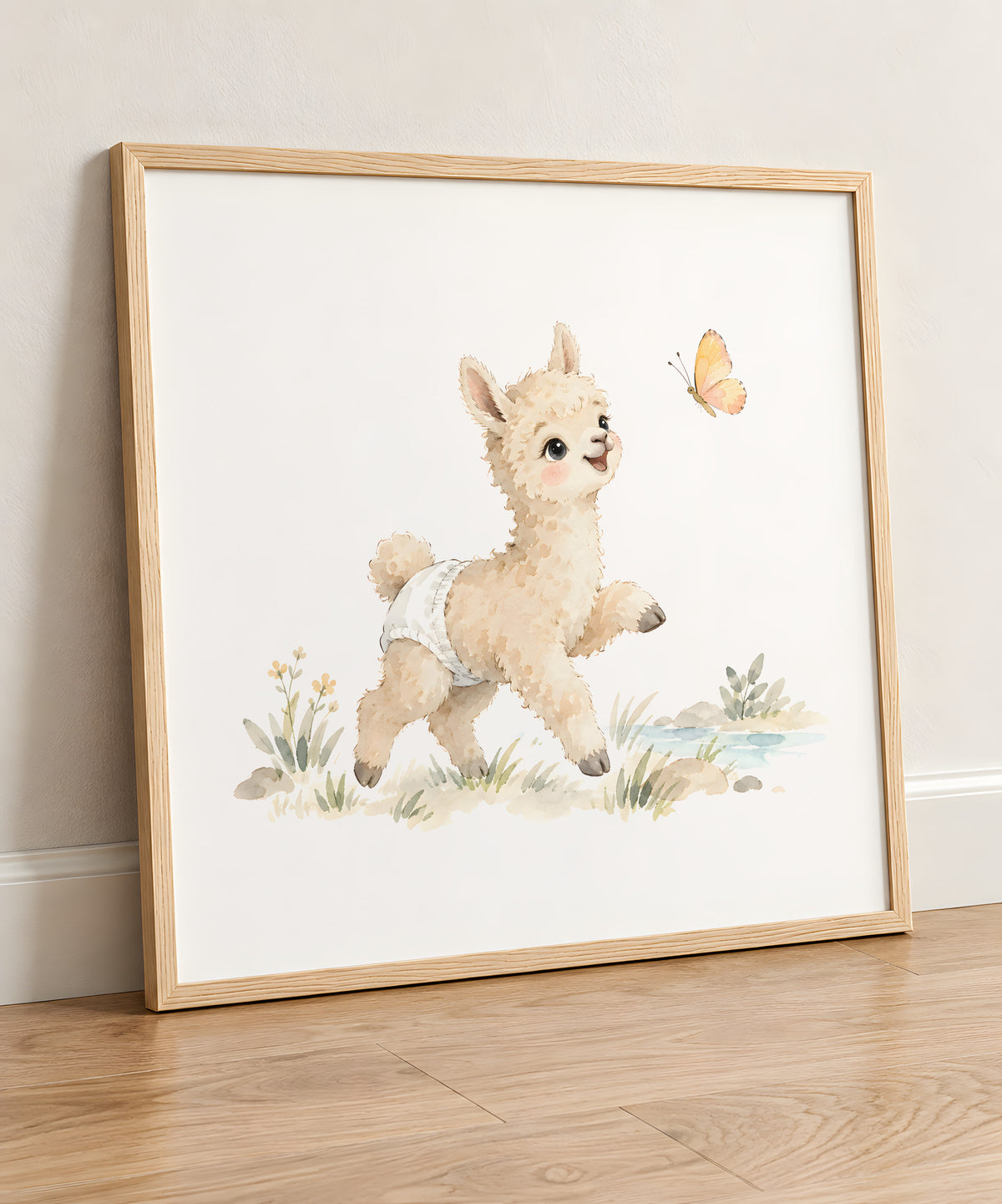 Baby Alpaca in a White Diaper Reaches Up for a Butterfly: natural wood frame, 50 × 50 cm, styled in a room