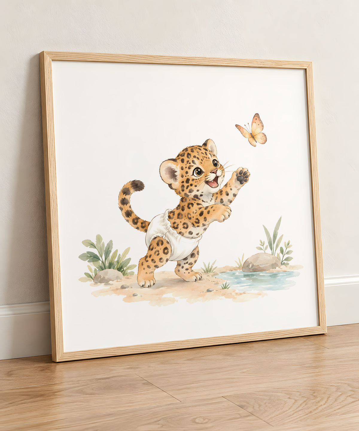Baby Jaguar in a White Diaper Chases a Butterfly: natural wood frame, 50 × 50 cm, styled in a room