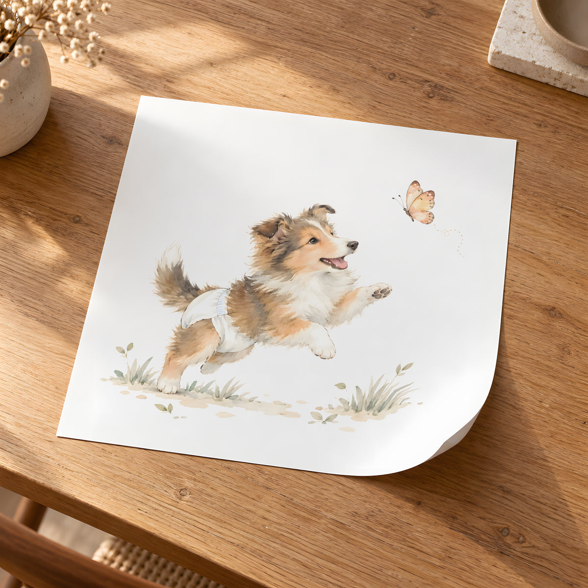 Chiot colley en couche blanche à la découverte d’un papillon : poster seul, 30 × 30 cm, en situation