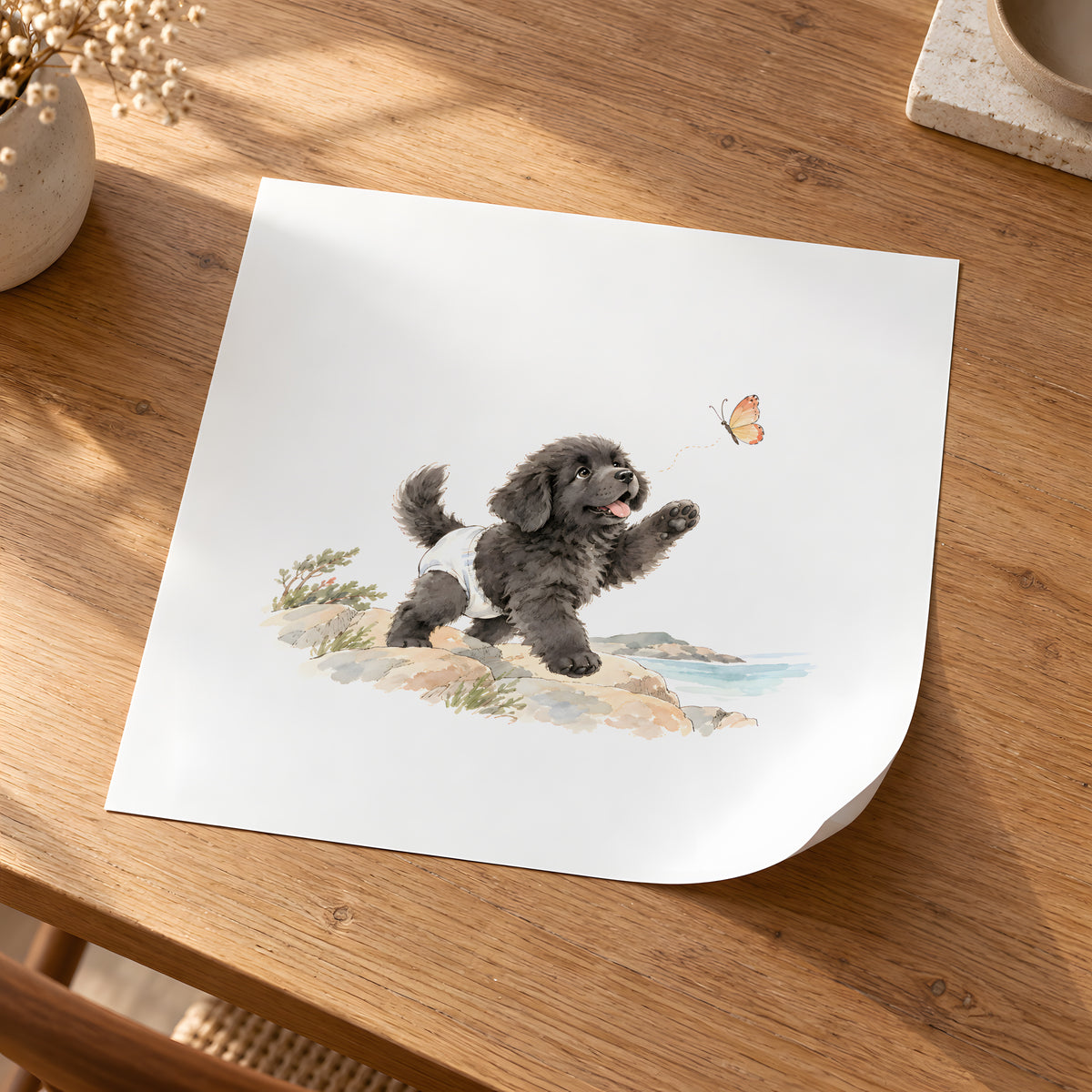 Bébé terre-neuve en couche blanche suit un papillon sur le rivage : poster seul, 30 × 30 cm, en situation