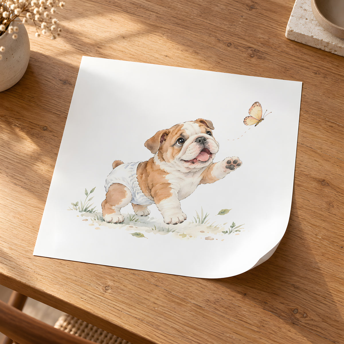Bébé bouledogue anglais en couche blanche tente de saisir un papillon : poster seul, 30 × 30 cm, en situation