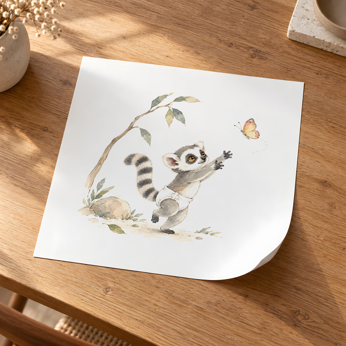 Bébé lémurien en couche blanche cherche à attraper un papillon : poster seul, 30 × 30 cm, en situation