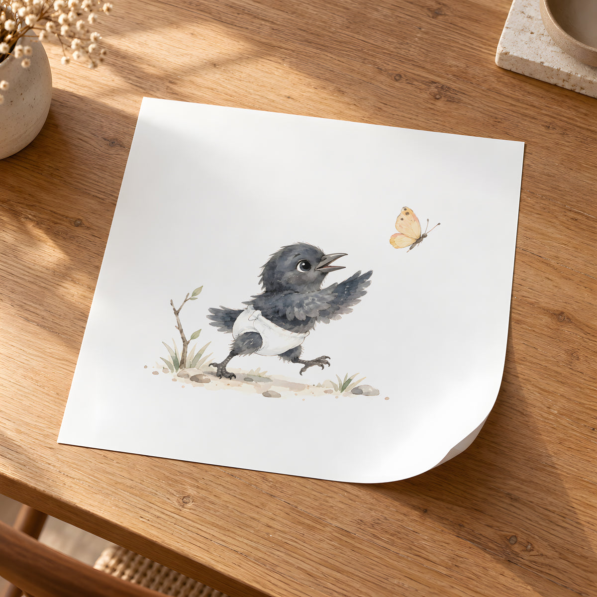 Un bébé corbeau en couche blanche veut attraper un papillon : poster seul, 30 × 30 cm, en situation