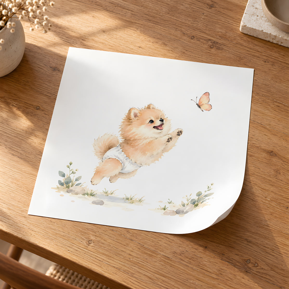 Bébé spitz nain en couche blanche essaie d’attraper un papillon : poster seul, 30 × 30 cm, en situation