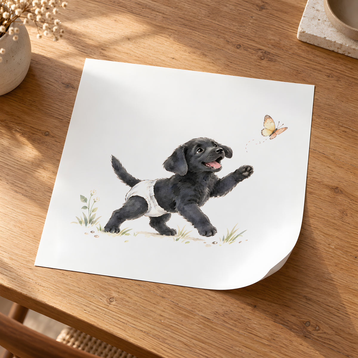 Chiot labrador noir en couche blanche court après un papillon : poster seul, 30 × 30 cm, en situation