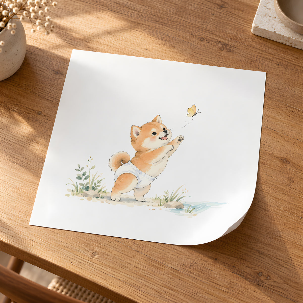 Bébé shiba inu en couche blanche à la poursuite d’un papillon : poster seul, 30 × 30 cm, en situation