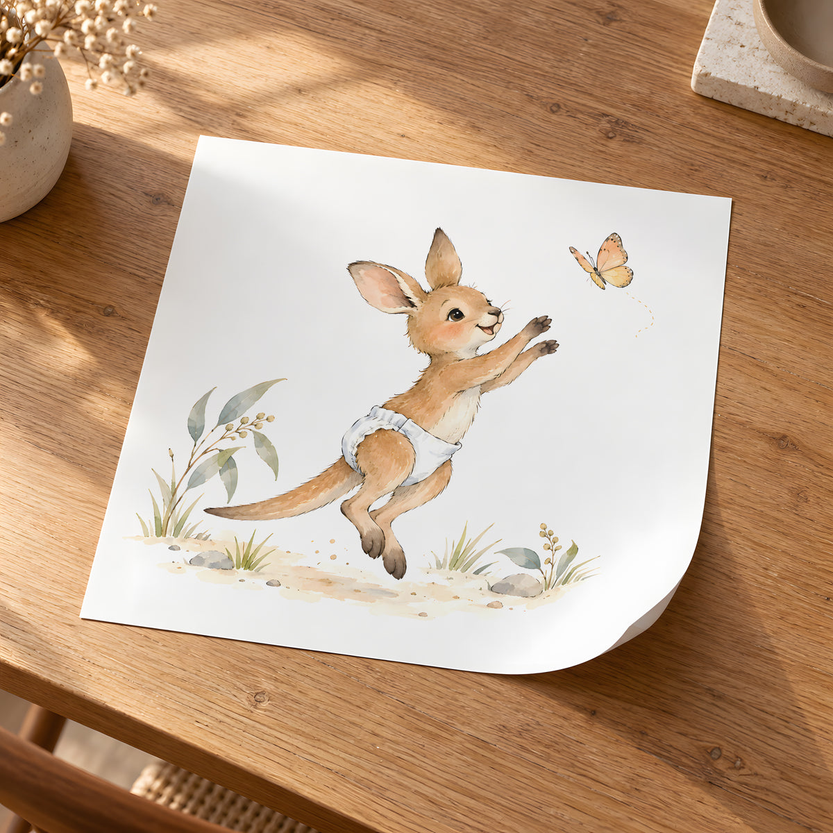 Bébé kangourou en couche blanche suit un papillon entre les herbes : poster seul, 30 × 30 cm, en situation