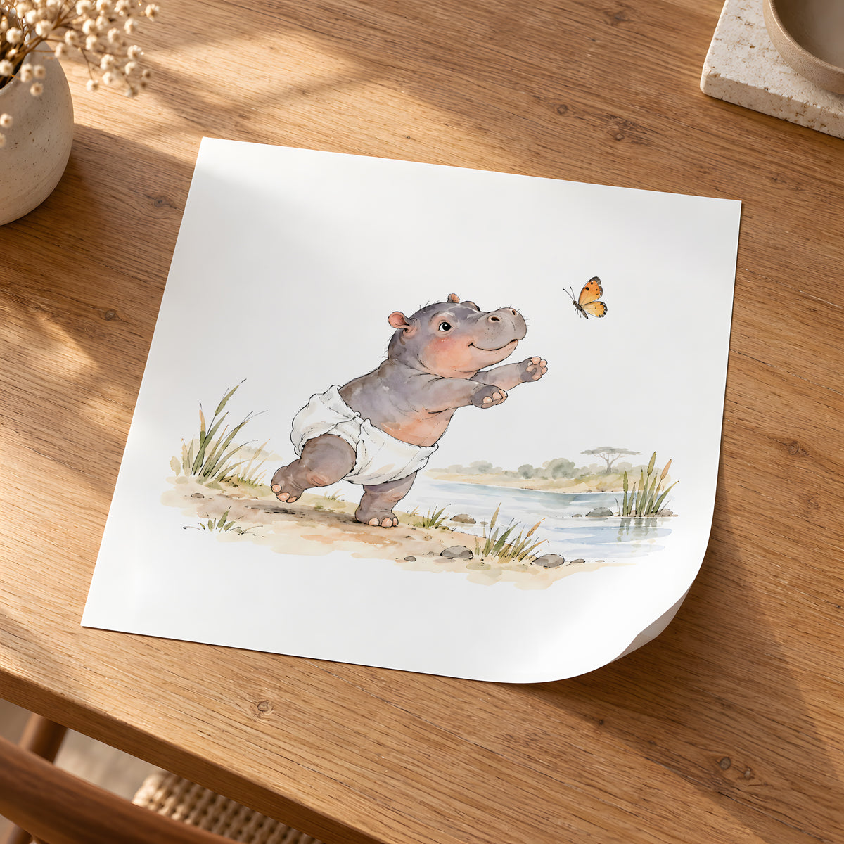 Bébé hippopotame en couche blanche essaie d’attraper un papillon : poster seul, 30 × 30 cm, en situation