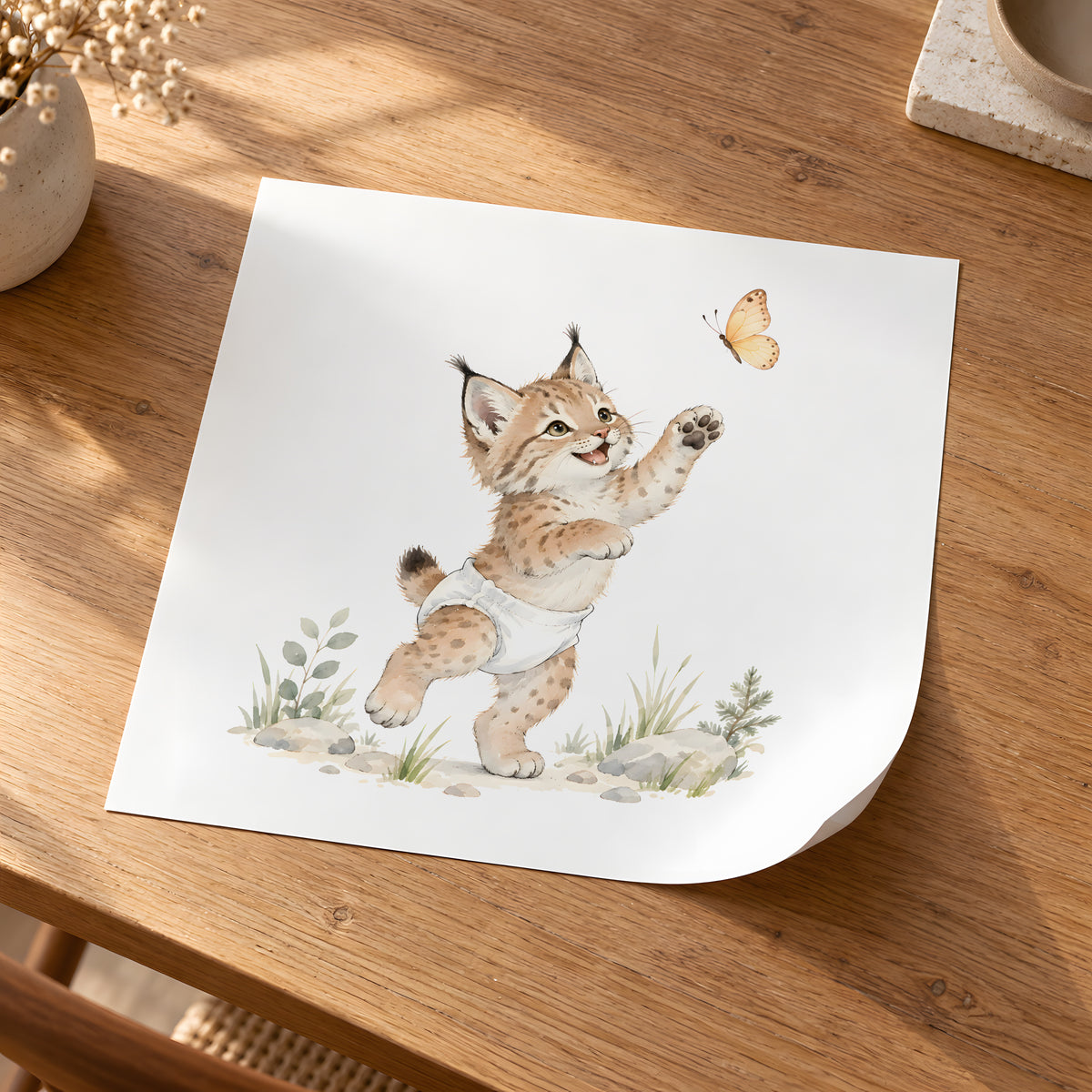 Petit lynx en couche blanche à la chasse au papillon : poster seul, 30 × 30 cm, en situation