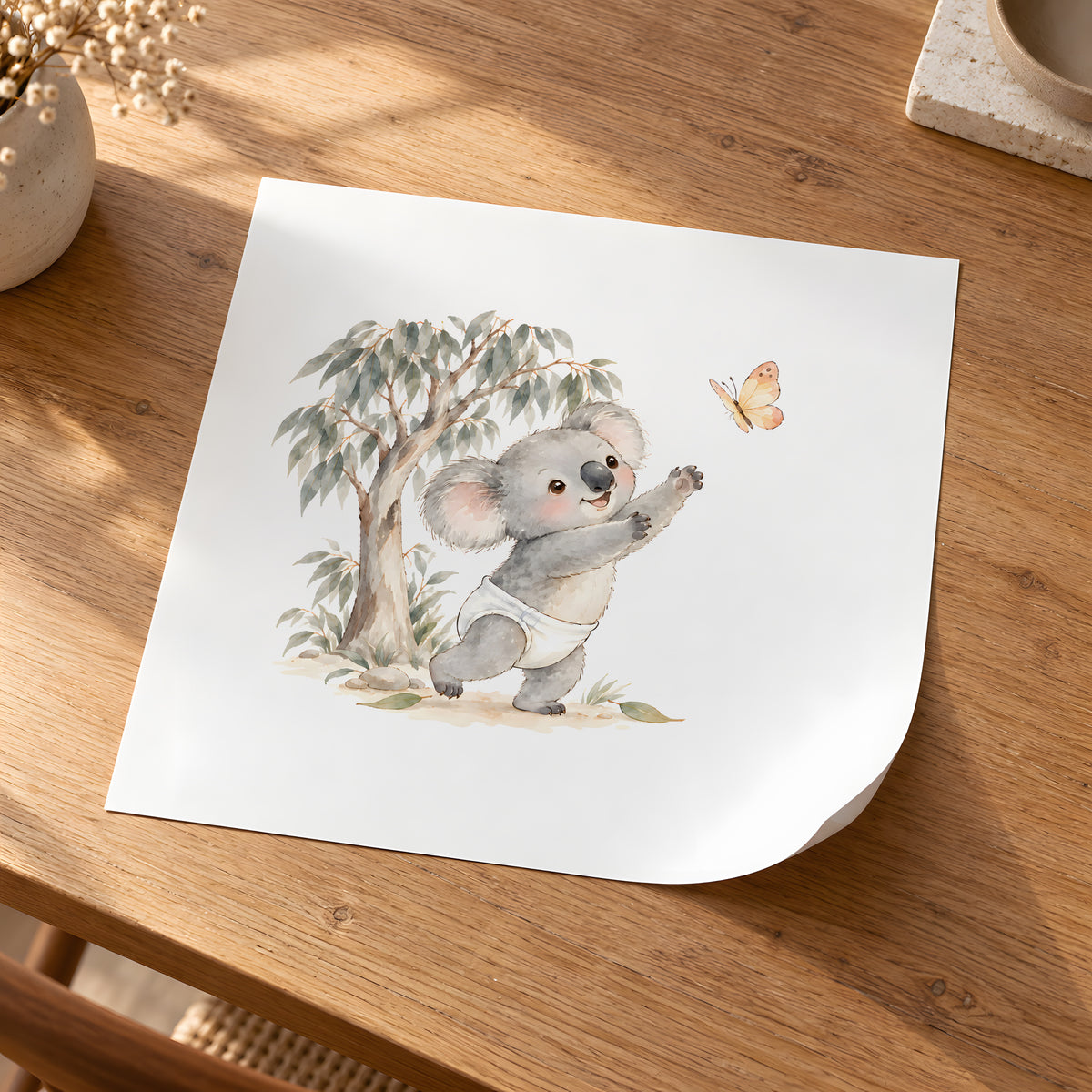 Bébé koala poursuit un papillon près des eucalyptus : poster seul, 30 × 30 cm, en situation