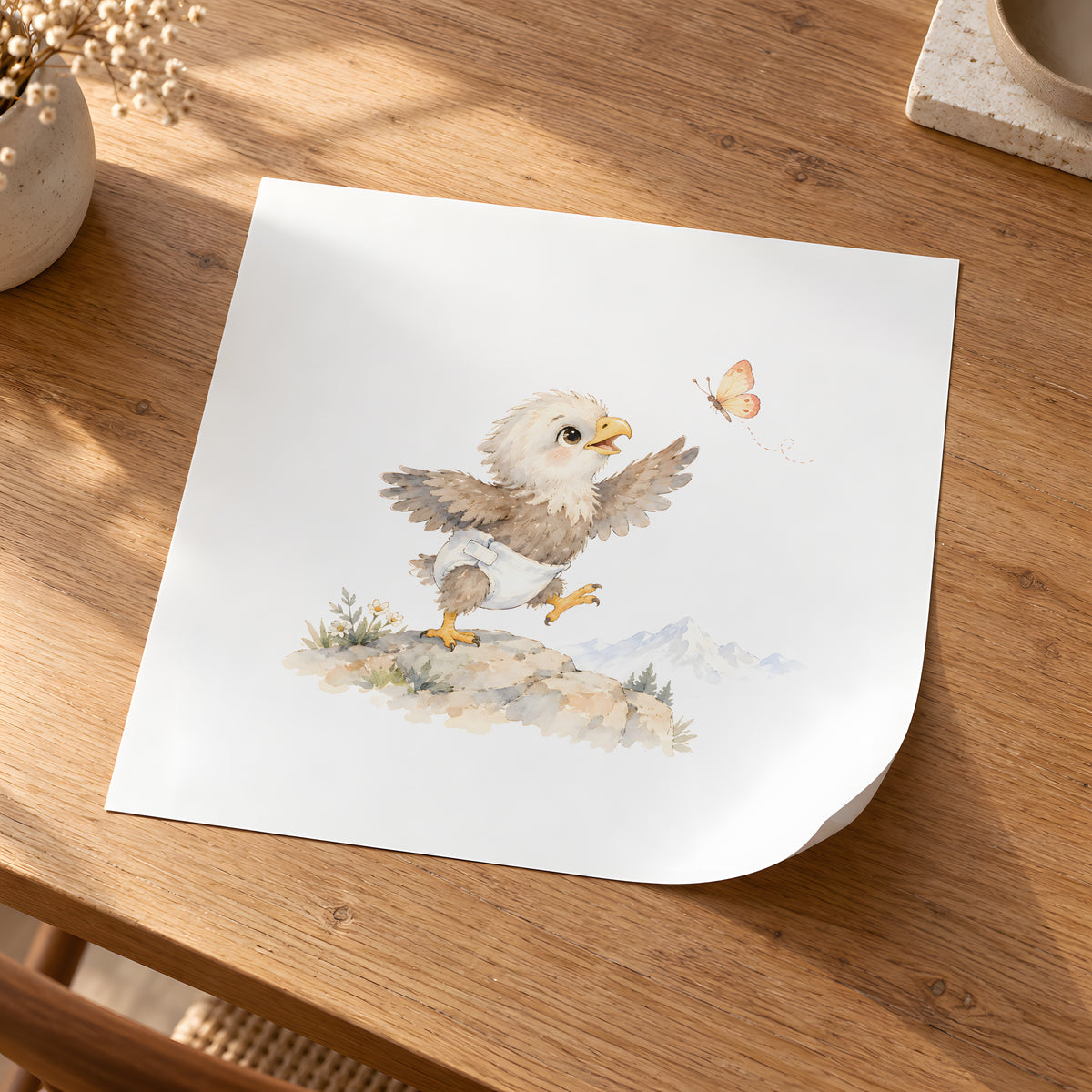 Aiglon en couche blanche déployant ses ailes pour attraper un papillon : poster seul, 30 × 30 cm, en situation