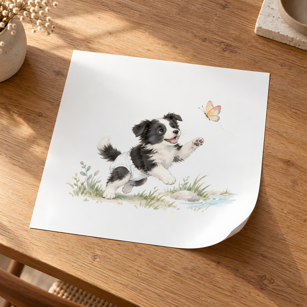 Bébé border collie en couche blanche essaie de rejoindre un papillon : poster seul, 30 × 30 cm, en situation