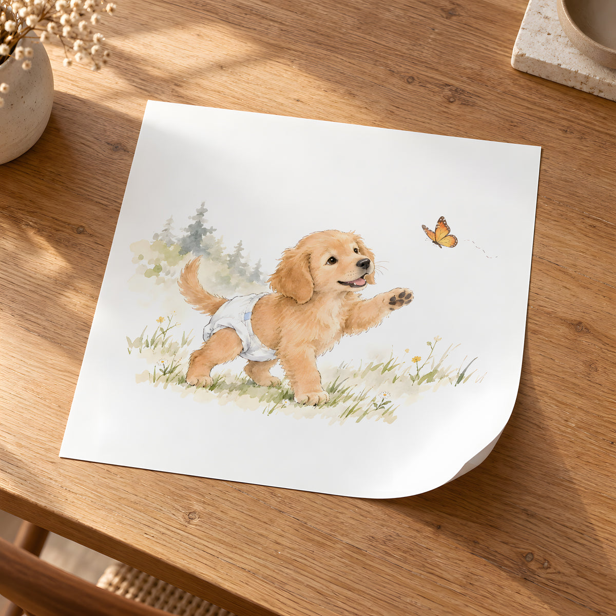 Chiot golden retriever en couche blanche essayant d’attraper un papillon : poster seul, 30 × 30 cm, en situation