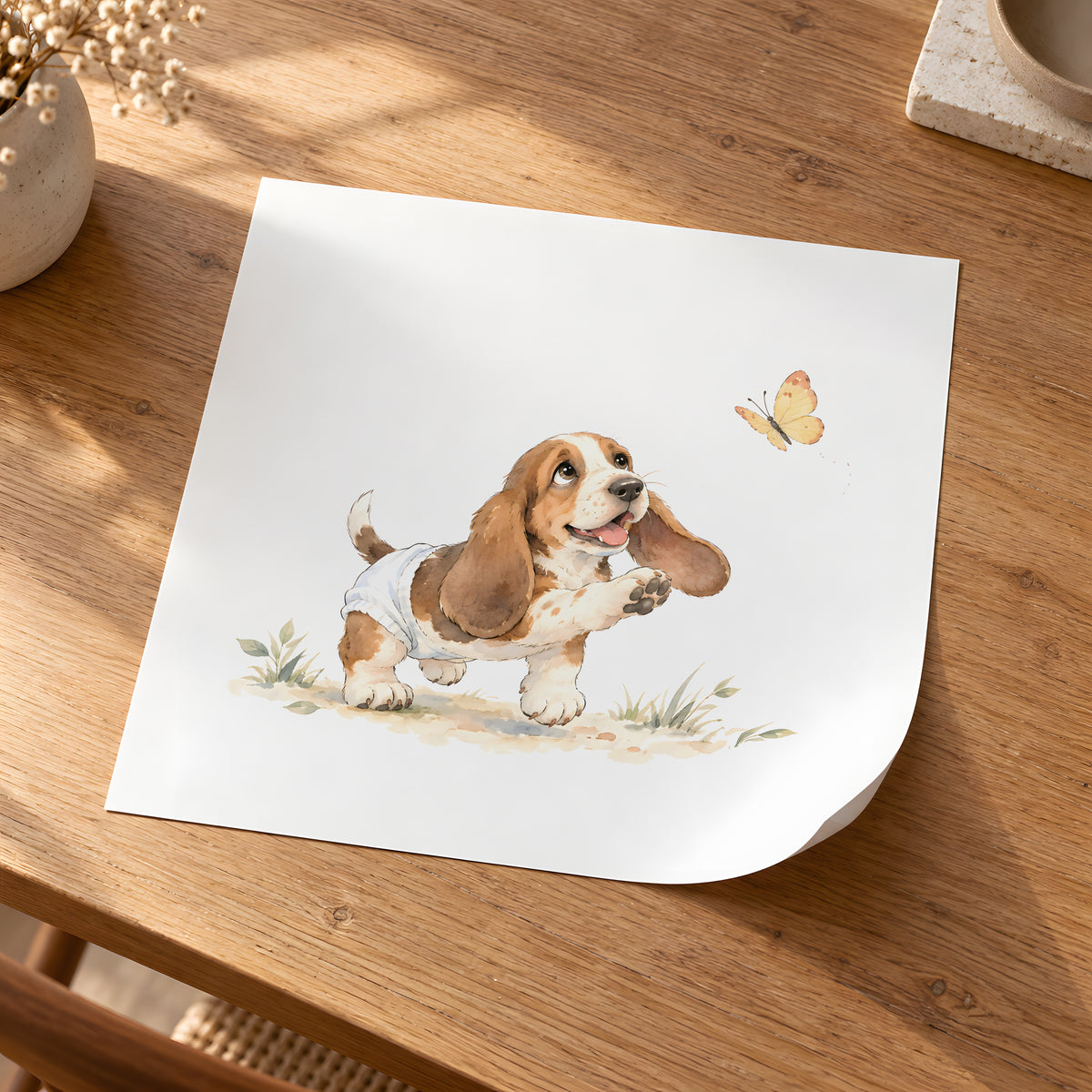 Bébé basset aux longues oreilles à la poursuite d’un papillon : poster seul, 30 × 30 cm, en situation