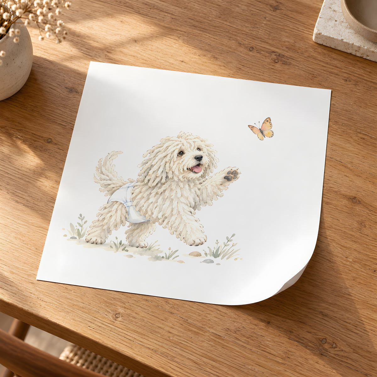 Bébé komondor en couche blanche joue à attraper un papillon : poster seul, 30 × 30 cm, en situation
