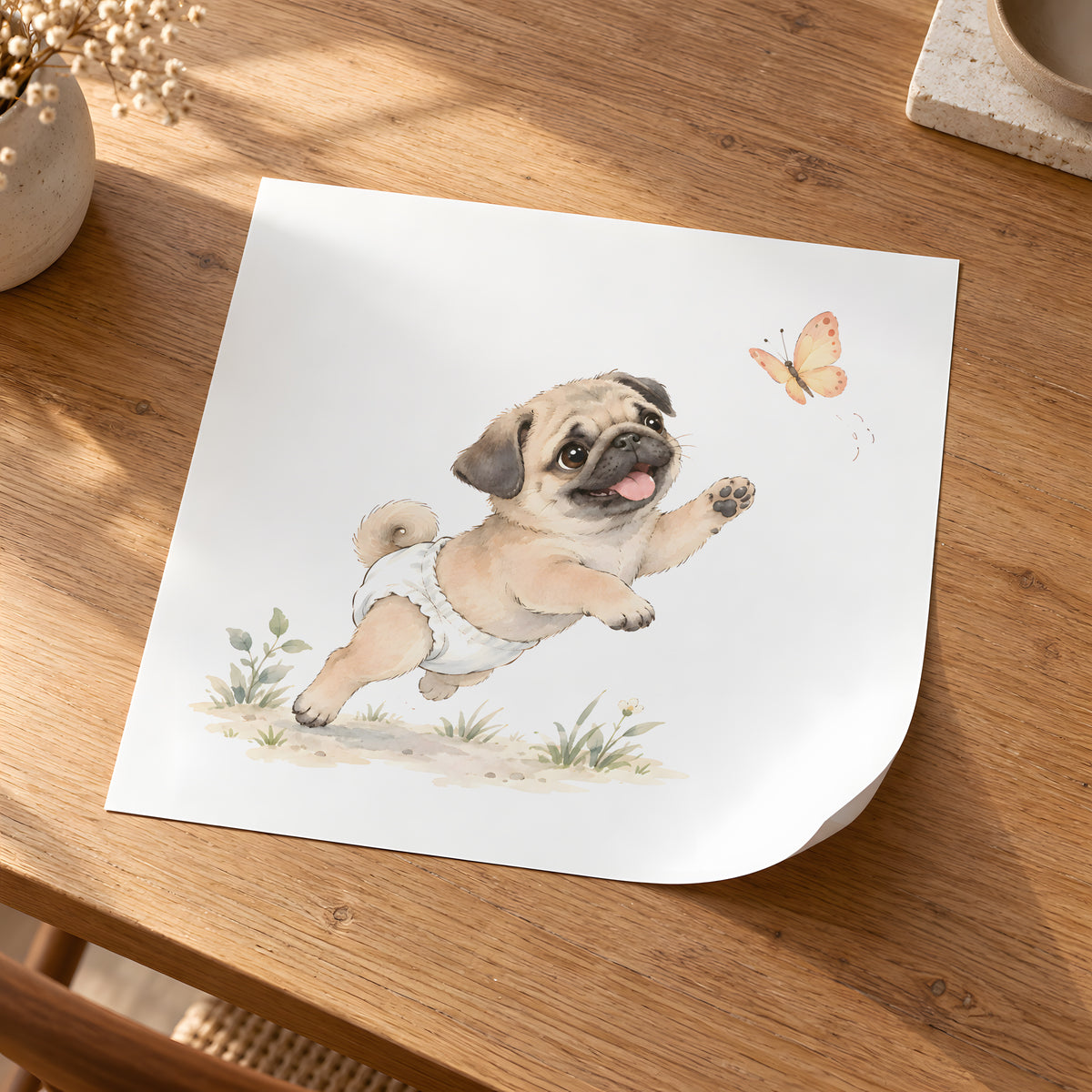 Bébé carlin en couche blanche essaie d’attraper un papillon : poster seul, 30 × 30 cm, en situation
