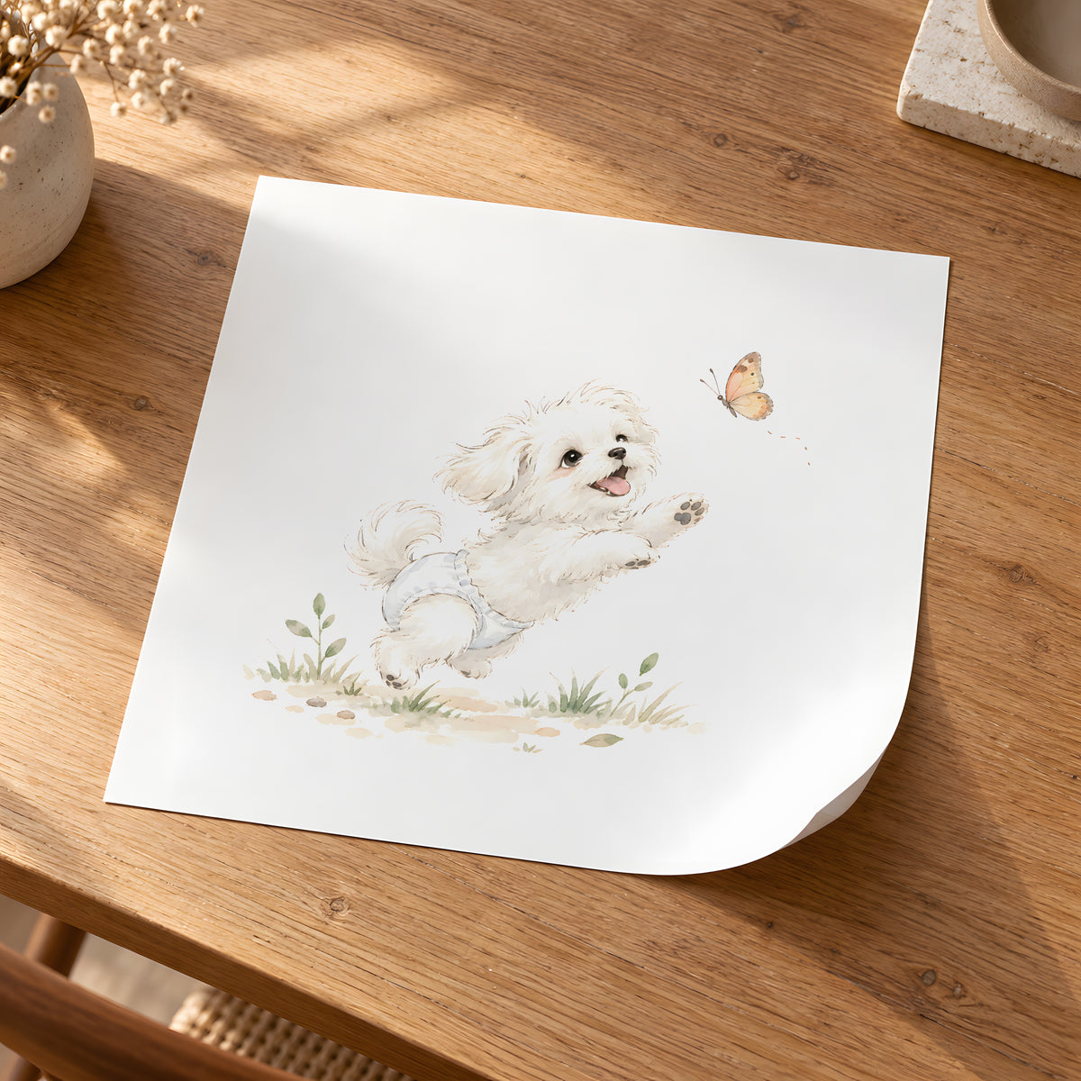 Bébé bichon maltais en couche blanche tend les pattes vers un papillon : poster seul, 30 × 30 cm, en situation