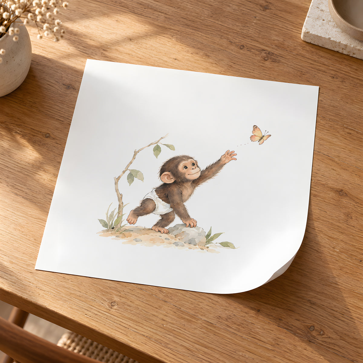 Bébé chimpanzé en couche blanche joue à attraper un papillon : poster seul, 30 × 30 cm, en situation