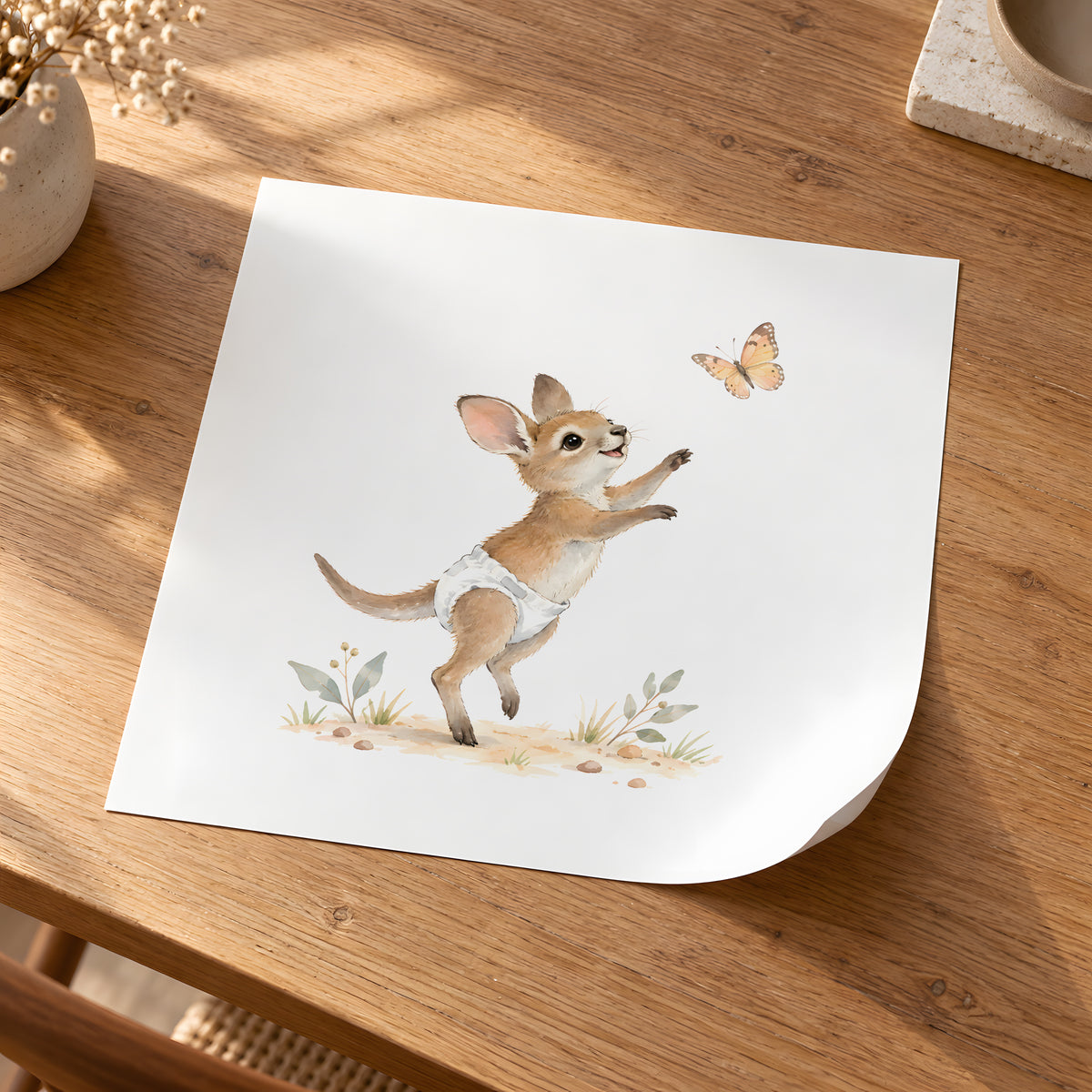 Bébé wallaby en couche blanche tend les pattes vers un papillon : poster seul, 30 × 30 cm, en situation