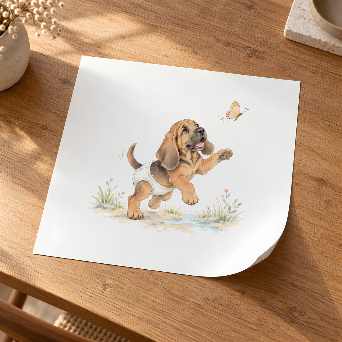 Chiot saint-hubert aux longues oreilles essaie d’attraper un papillon : poster seul, 30 × 30 cm, en situation