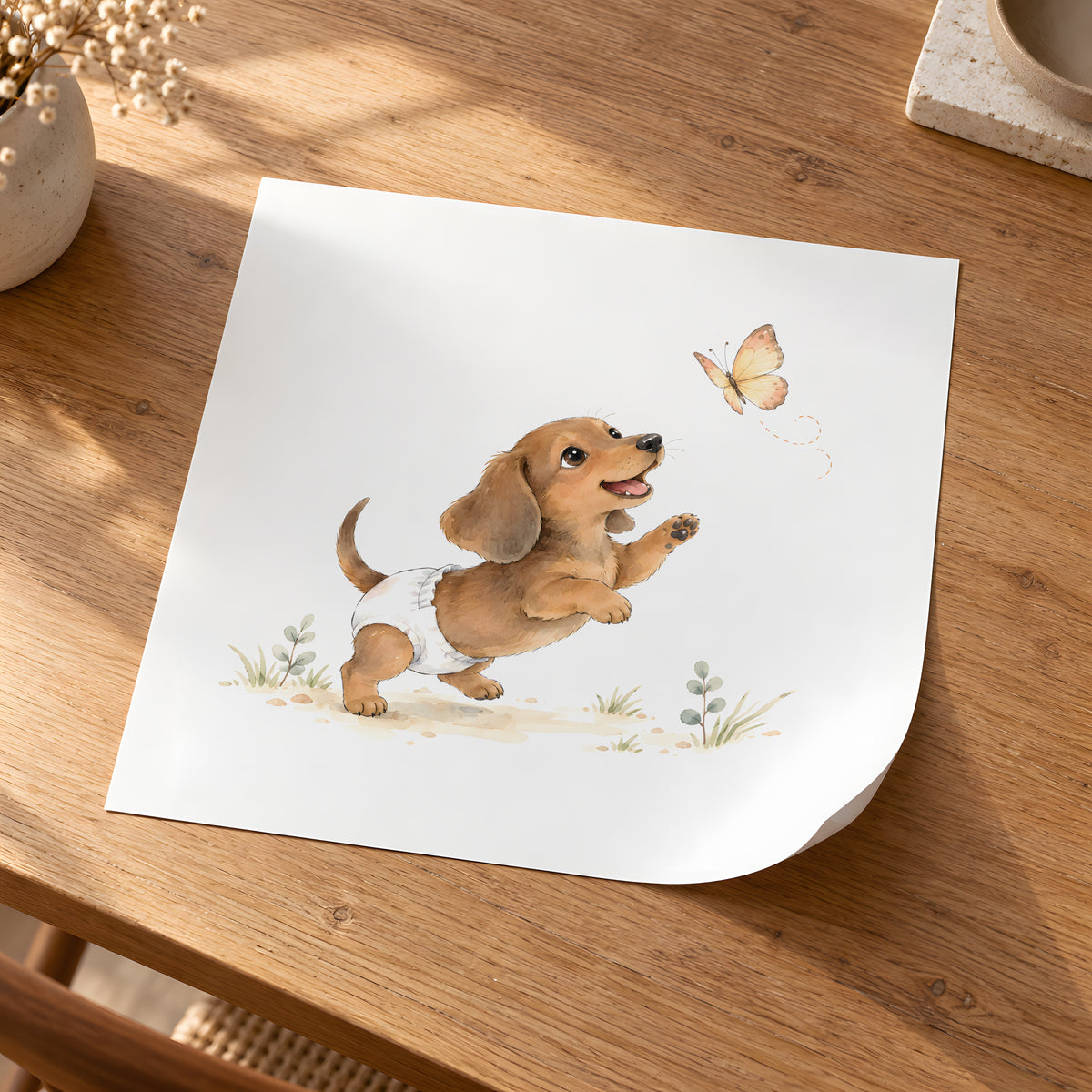Petit teckel en couche blanche à la poursuite d’un papillon : poster seul, 30 × 30 cm, en situation
