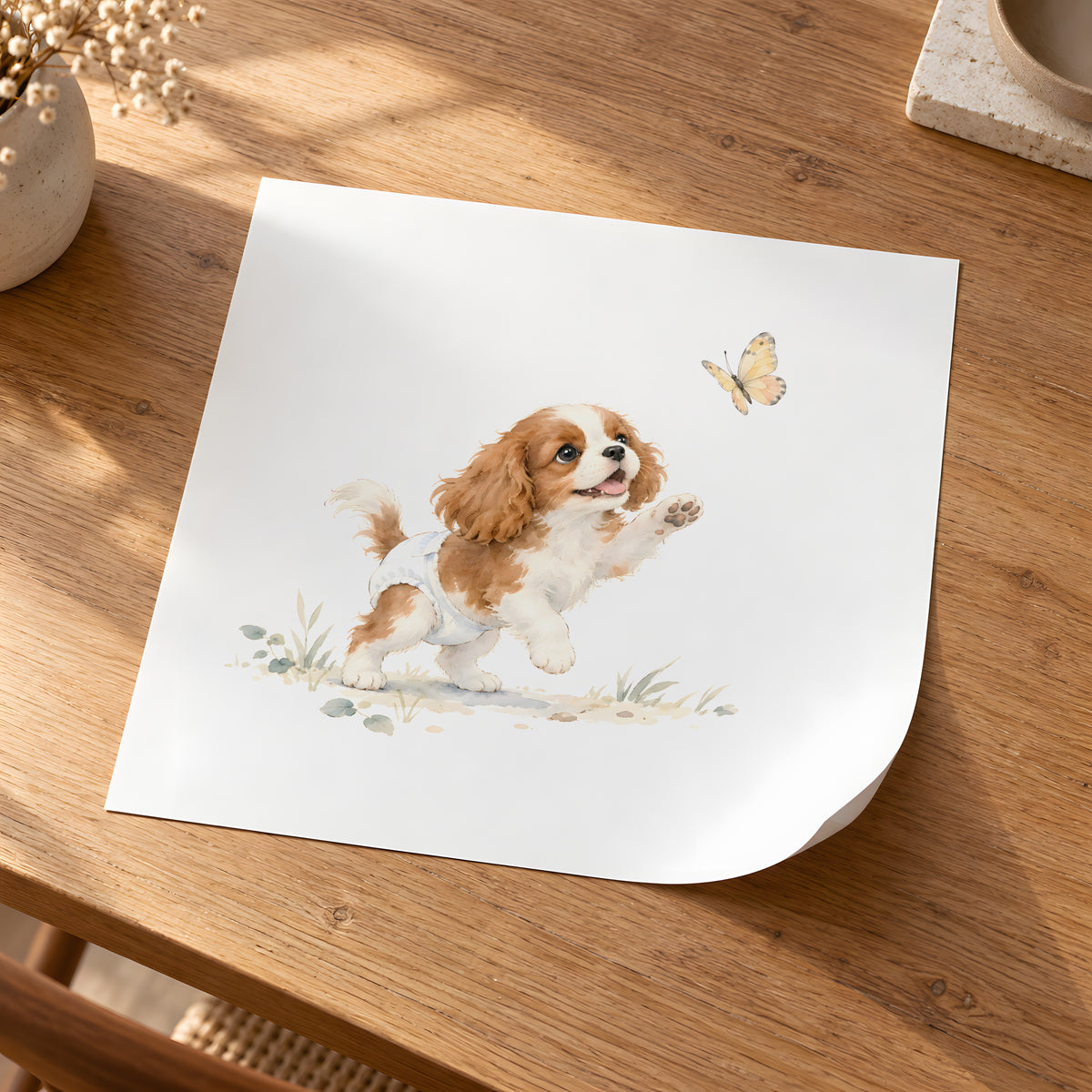 Bébé cavalier king charles en couche blanche essaie d’attraper un papillon : poster seul, 30 × 30 cm, en situation