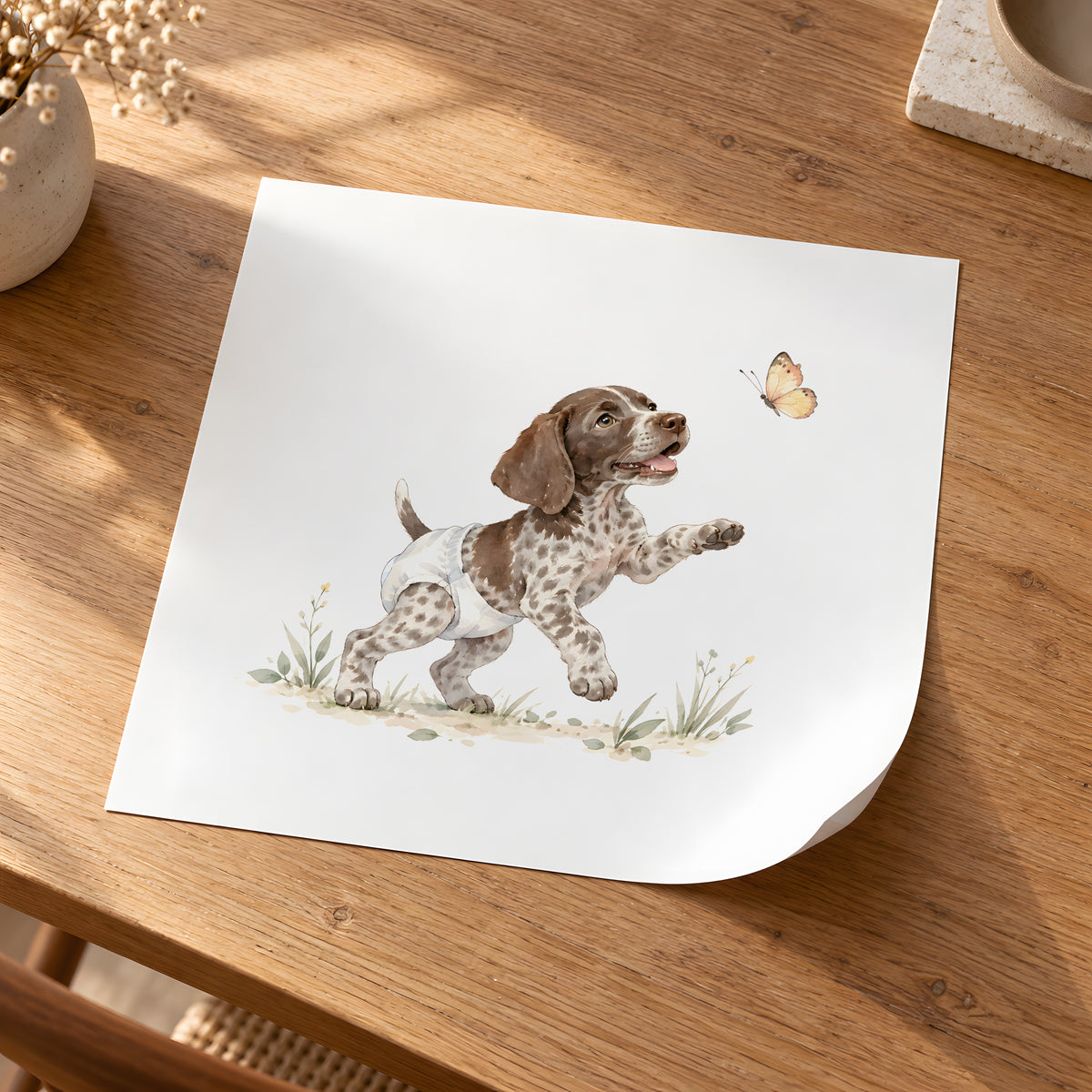 Chiot braque allemand en couche blanche à la chasse au papillon : poster seul, 30 × 30 cm, en situation