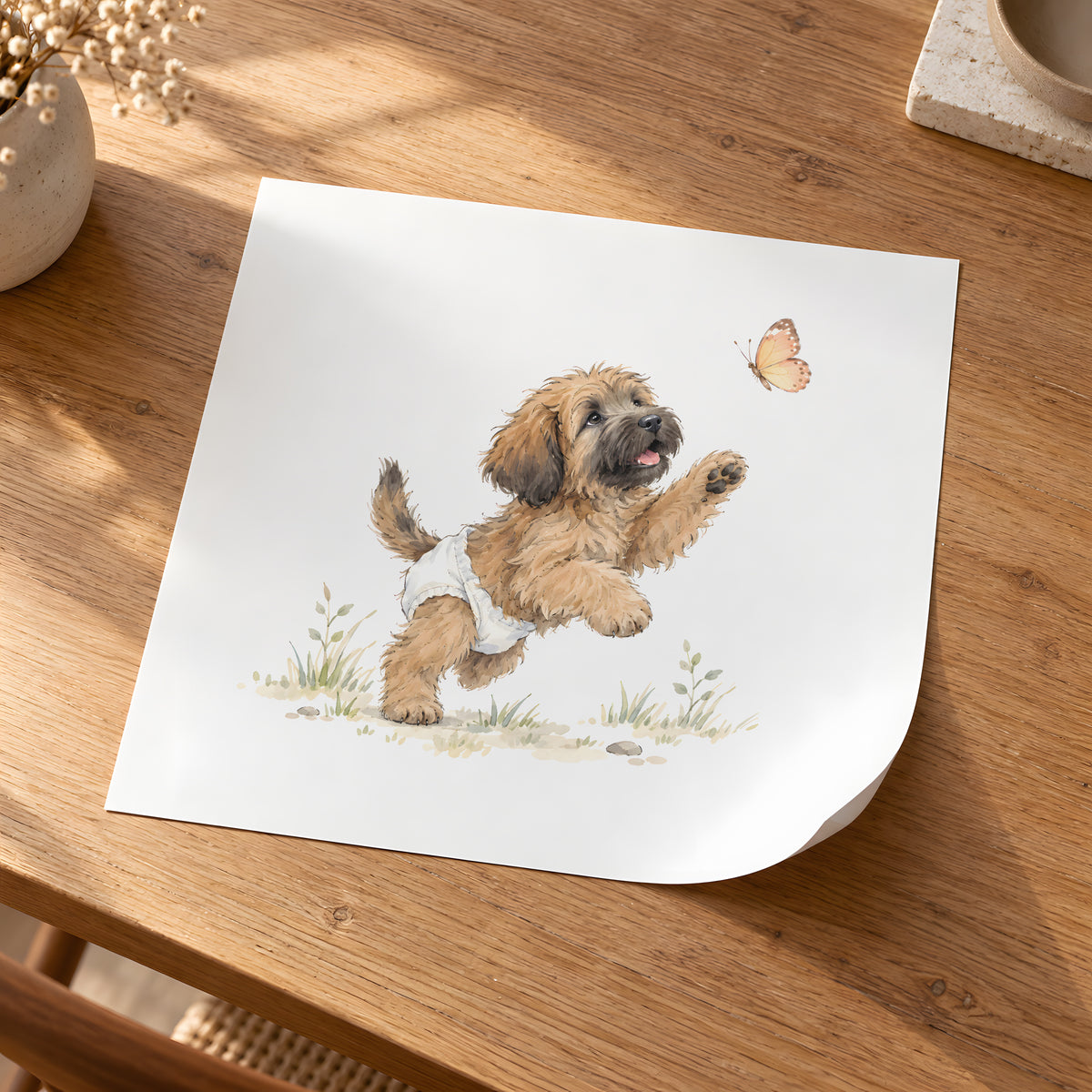 Petit briard en couche blanche cherche à attraper un papillon : poster seul, 30 × 30 cm, en situation