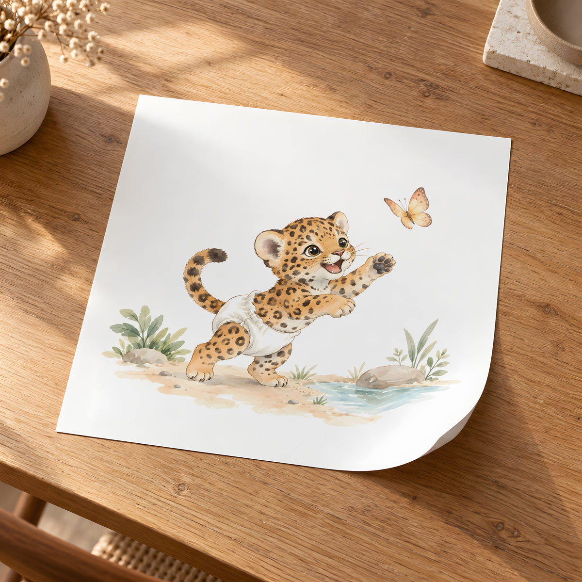 Baby Jaguar in a White Diaper Chases a Butterfly: unframed poster, 30 × 30 cm, styled in a room