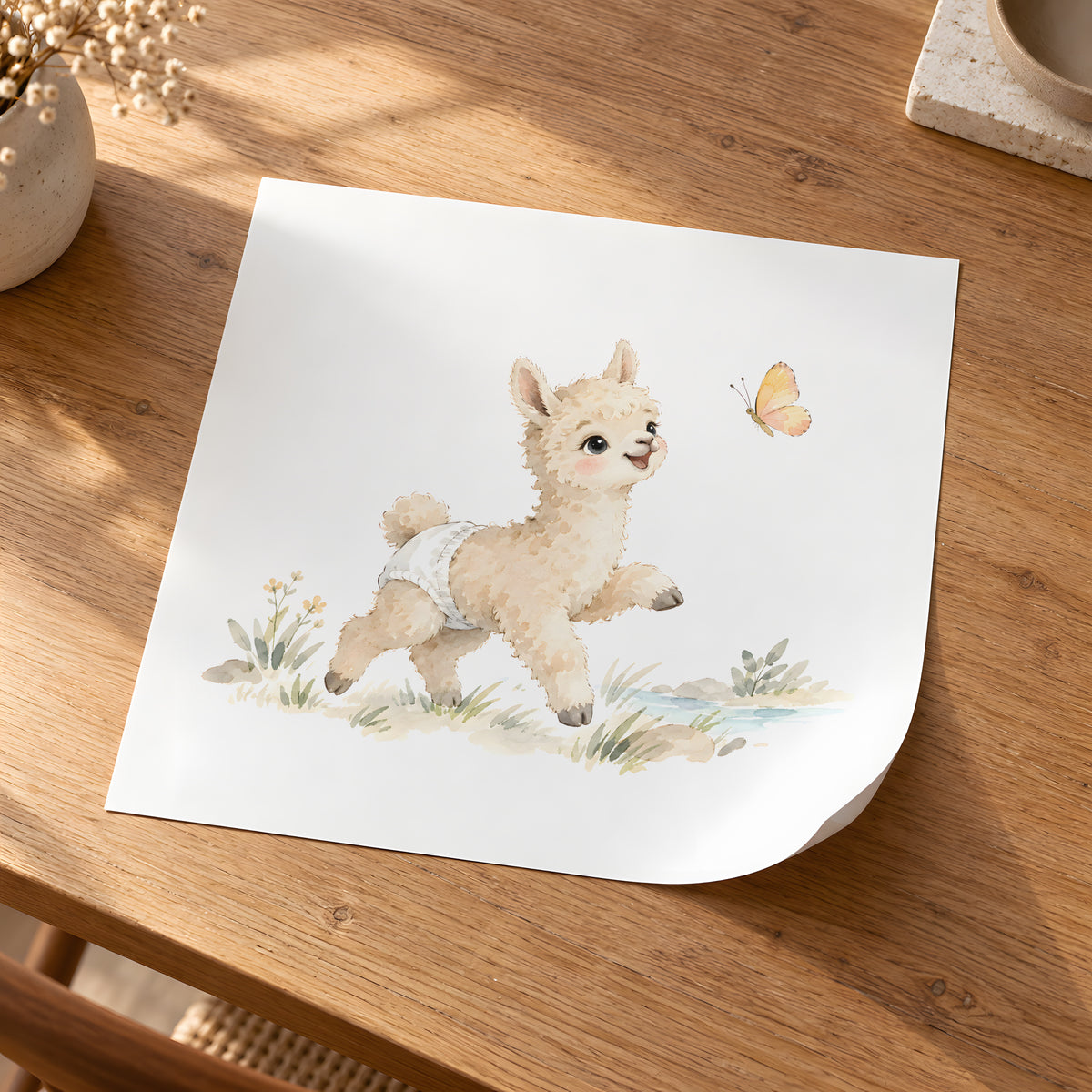 Baby Alpaca in a White Diaper Reaches Up for a Butterfly: unframed poster, 30 × 30 cm, styled in a room