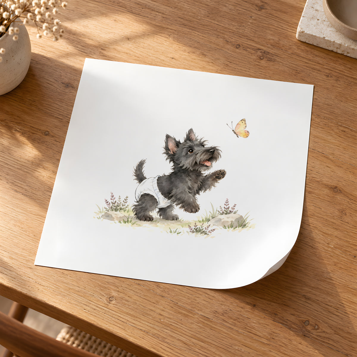 Bébé terrier écossais en couche blanche attrape un papillon au vol : poster seul, 30 × 30 cm, en situation