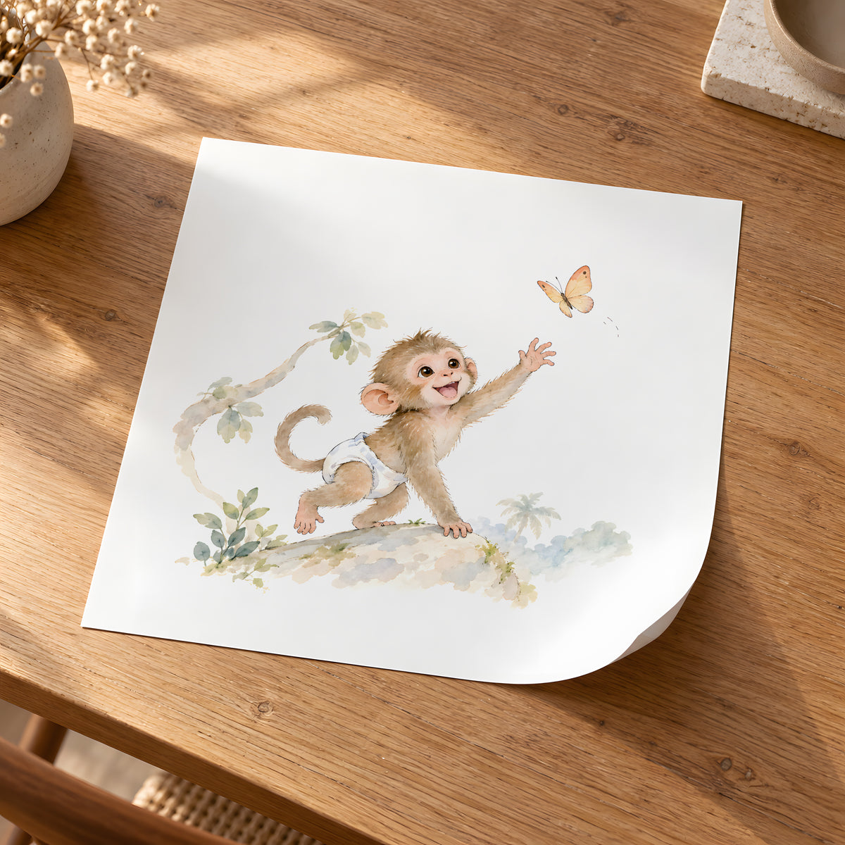 Bébé macaque en couche blanche joue à attraper un papillon : poster seul, 30 × 30 cm, en situation