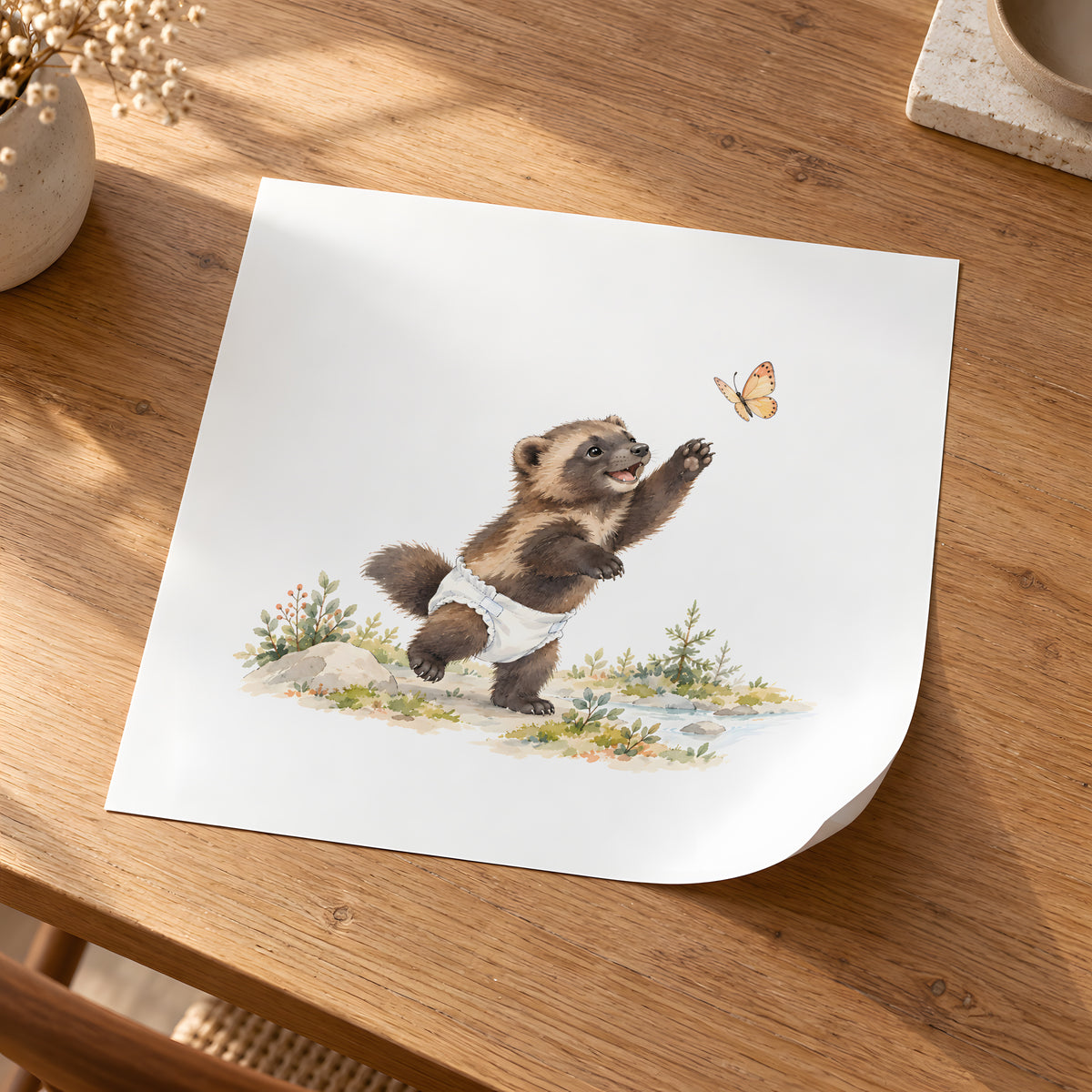 Affiche petit glouton et papillon déroulée sans cadre sur une table en bois