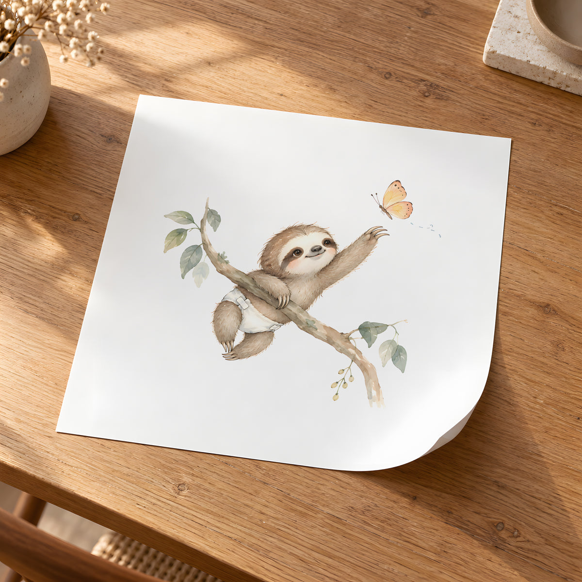 Bébé paresseux en couche blanche tend la patte vers un papillon : poster seul, 30 × 30 cm, en situation