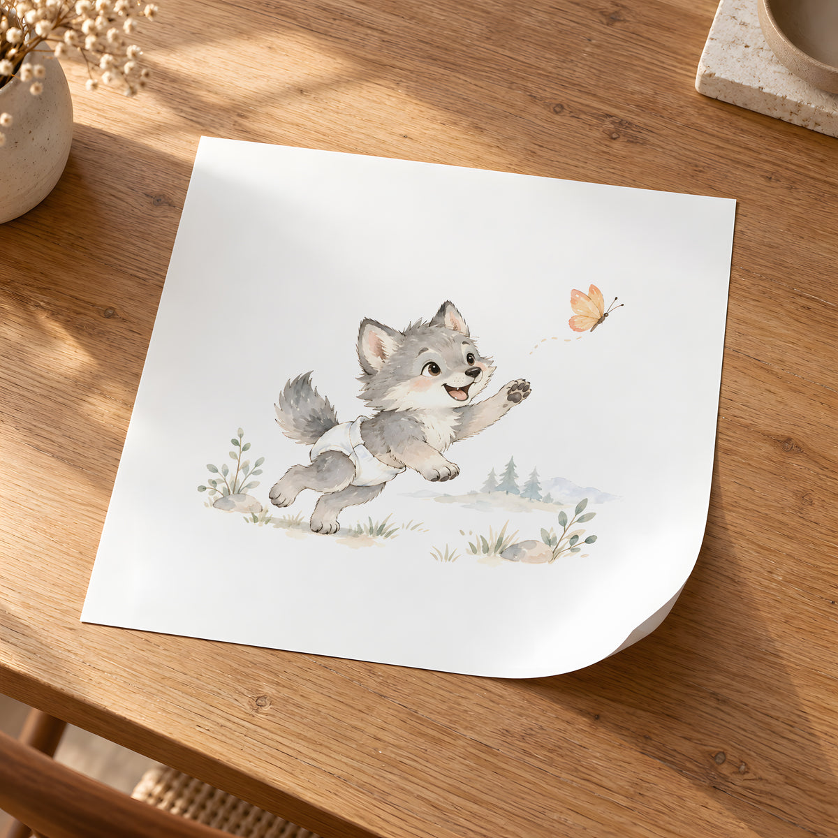 Louveteau en couche blanche à la chasse au papillon dans la clairière : poster seul, 30 × 30 cm, en situation