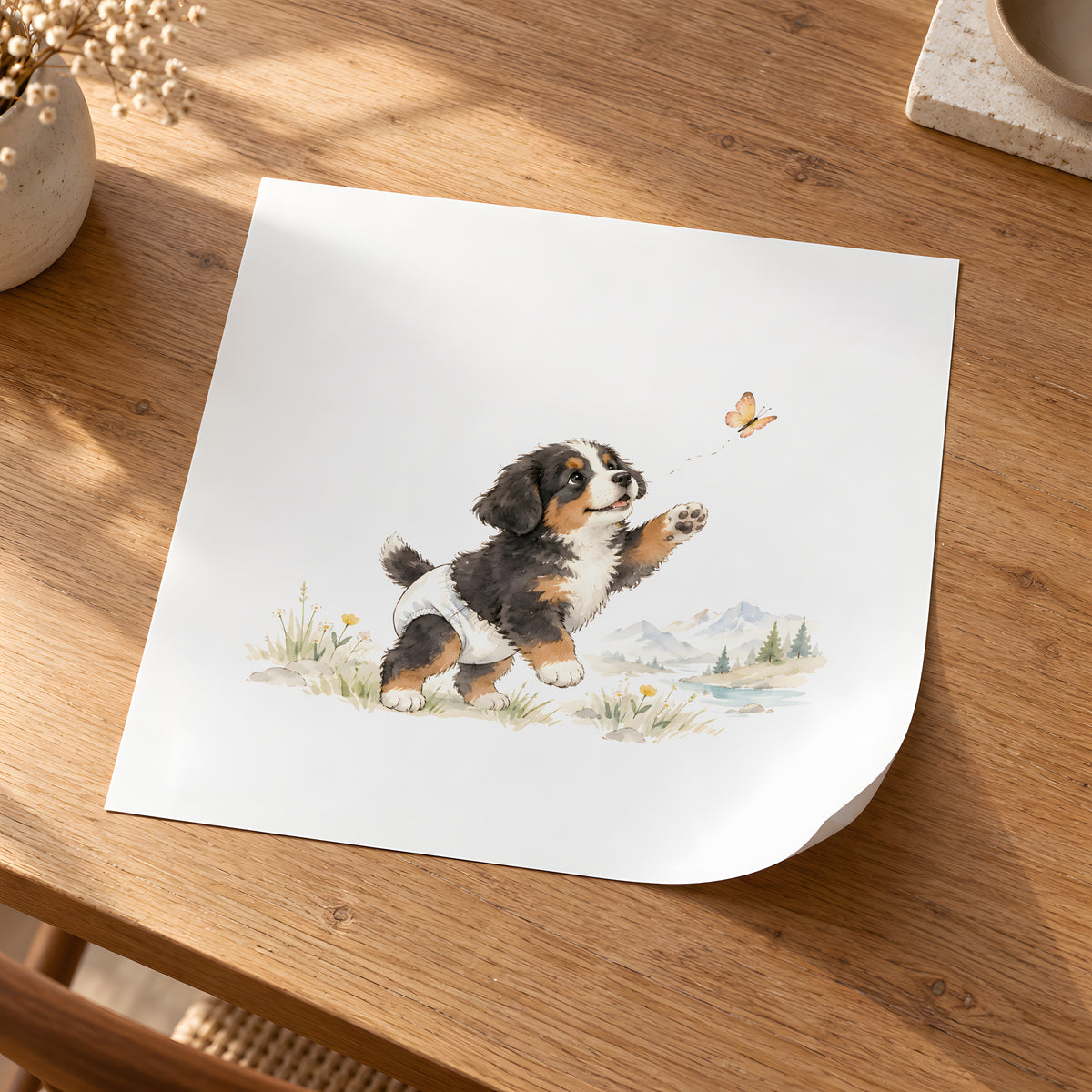 Petit bouvier bernois en couche blanche essaie d’attraper un papillon : poster seul, 30 × 30 cm, en situation