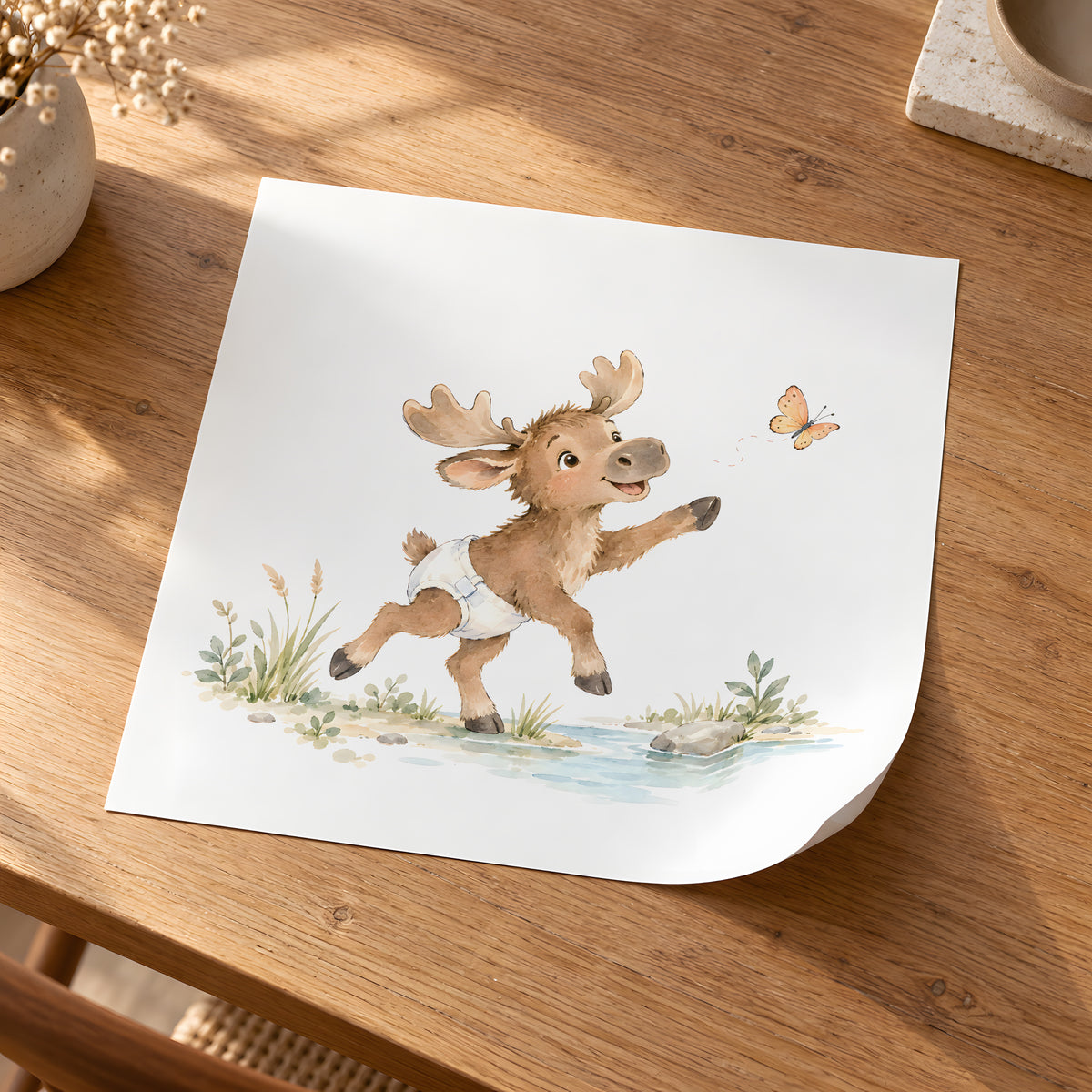Bébé élan en couche blanche essaie d’attraper un papillon : poster seul, 30 × 30 cm, en situation