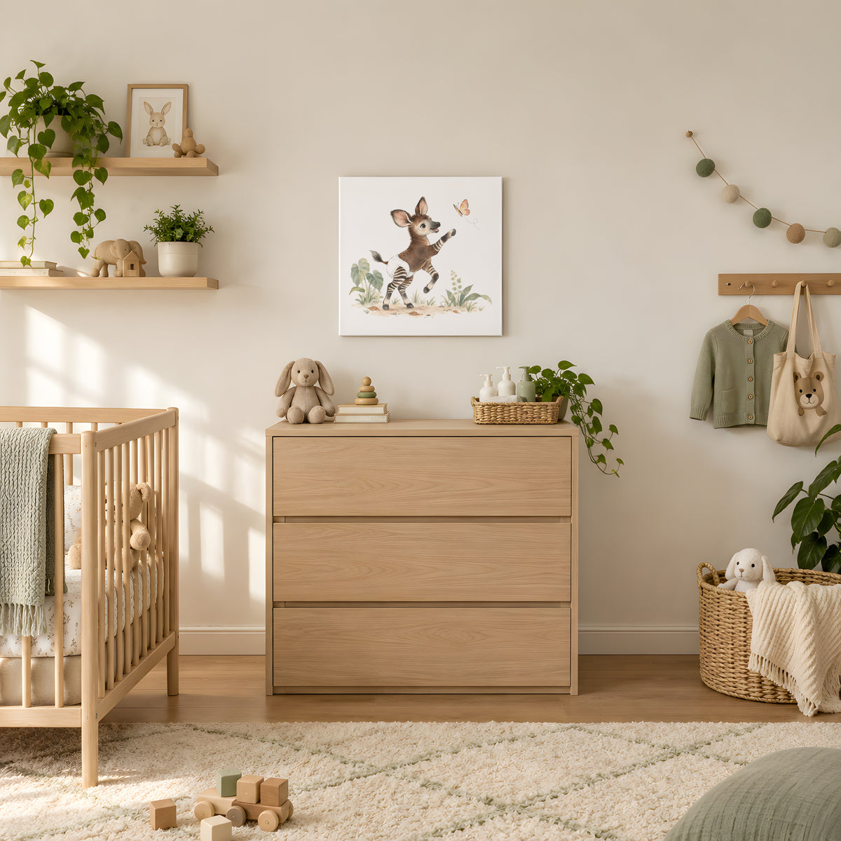 Bébé okapi en couche blanche tend le sabot vers un papillon : toile sur châssis, 60 × 60 cm, en situation