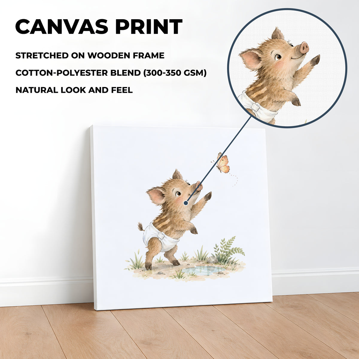 Petit marcassin en couche blanche tend la patte vers un papillon : toile sur châssis, 40 × 40 cm, en situation