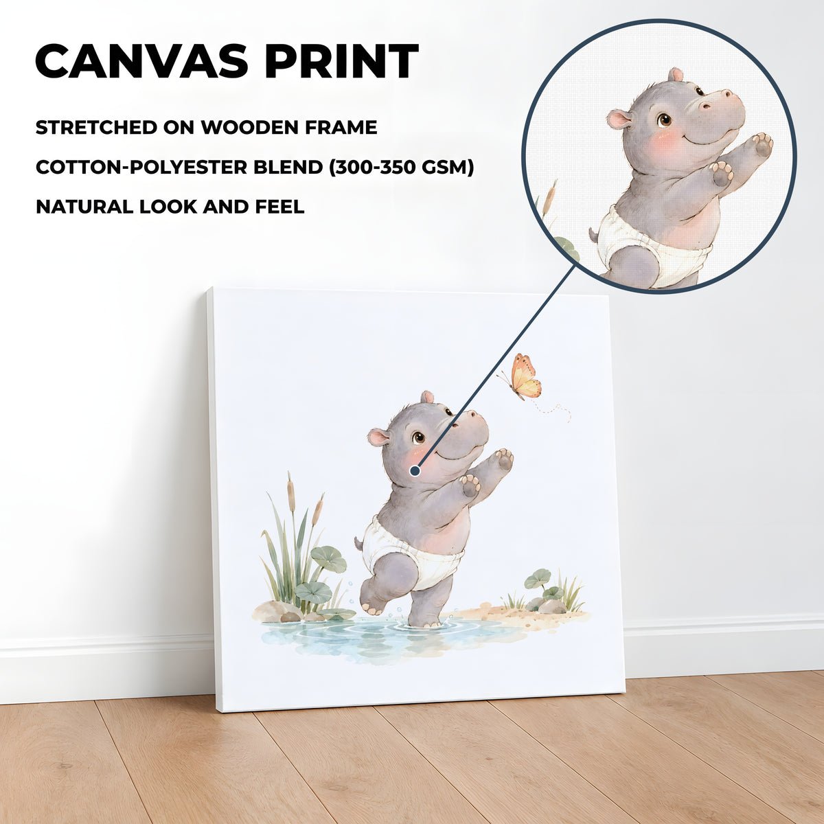 Bébé hippopotame en couche veut attraper un papillon près de l’eau : toile sur châssis, 40 × 40 cm, en situation